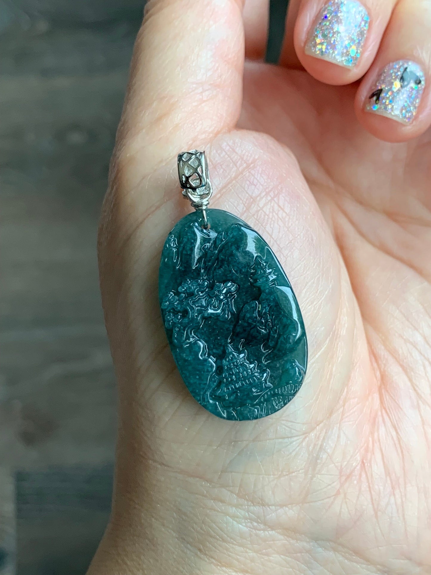 Natural Guatemalan Dark Teal Blue Jadeite Carved Shan Shui Pai Landscape Tag Pendant Sterling Silver 天然冰危深蓝水翡翠山水牌吊坠 B