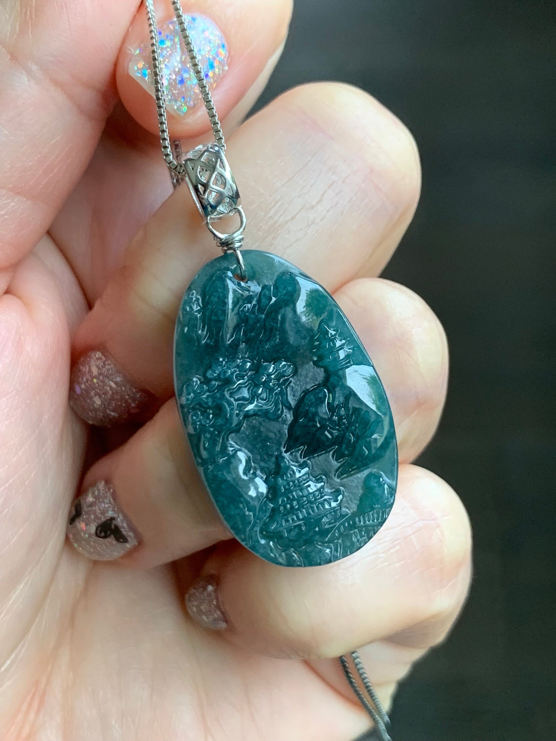 Natural Guatemalan Dark Teal Blue Jadeite Carved Shan Shui Pai Landscape Tag Pendant Sterling Silver 天然冰危深蓝水翡翠山水牌吊坠 B