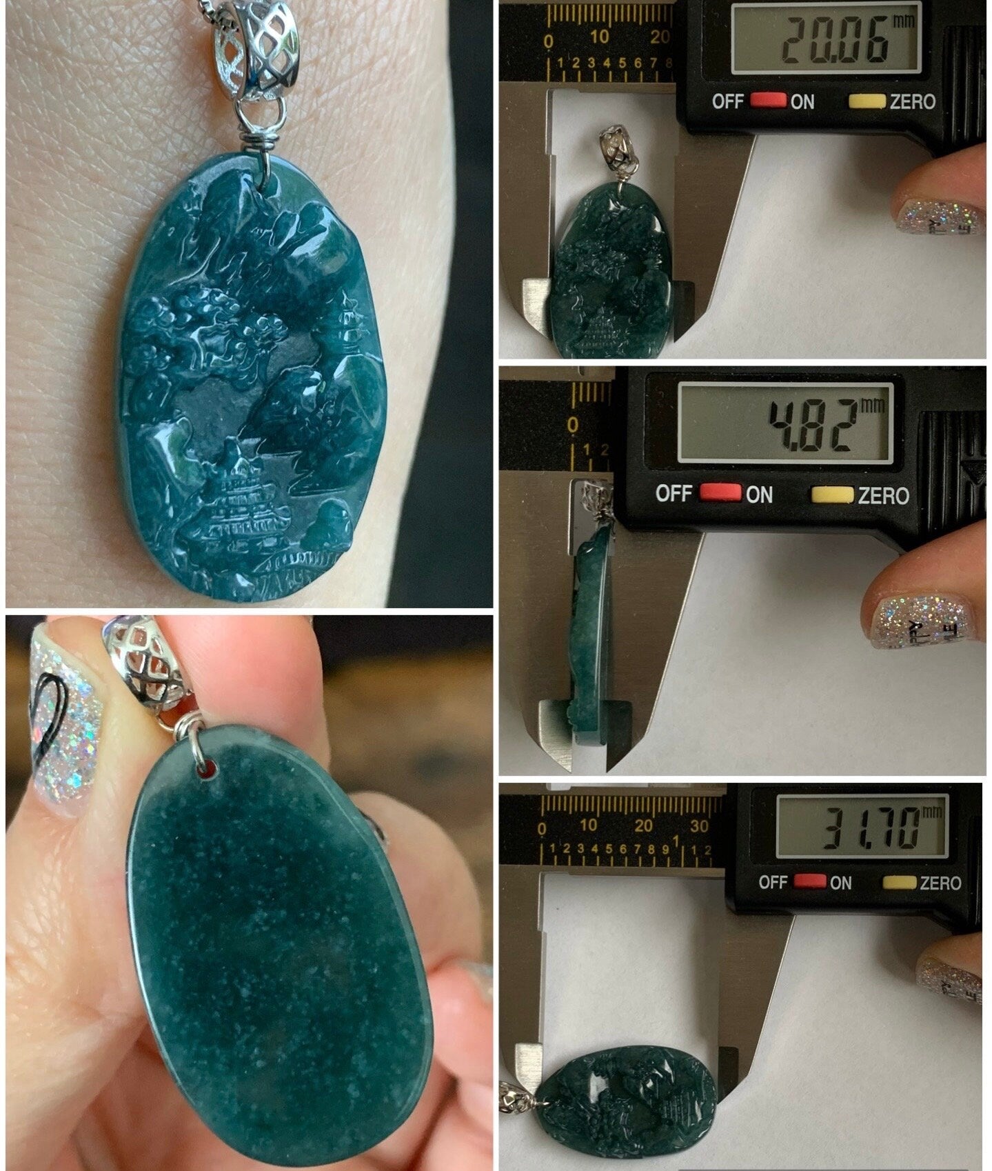 Natural Guatemalan Dark Teal Blue Jadeite Carved Shan Shui Pai Landscape Tag Pendant Sterling Silver 天然冰危深蓝水翡翠山水牌吊坠 B