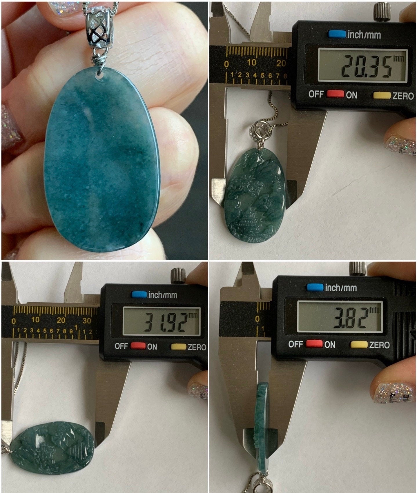 Natural Guatemalan Dark Teal Blue Jadeite Carved Shan Shui Pai Landscape Tag Pendant Sterling Silver 天然冰危深蓝水翡翠山水牌吊坠 A