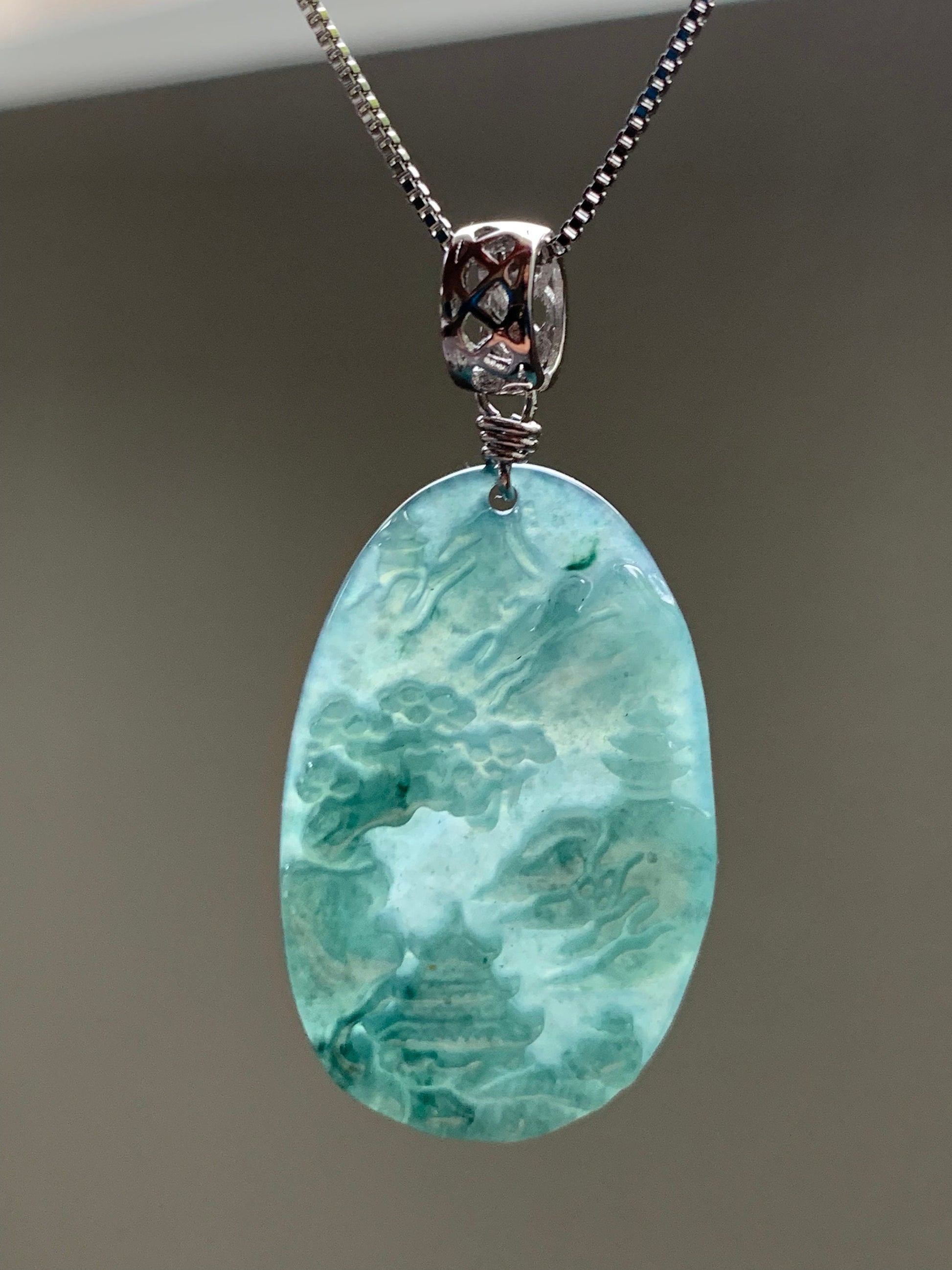 Natural Guatemalan Dark Teal Blue Jadeite Carved Shan Shui Pai Landscape Tag Pendant Sterling Silver 天然冰危深蓝水翡翠山水牌吊坠 A