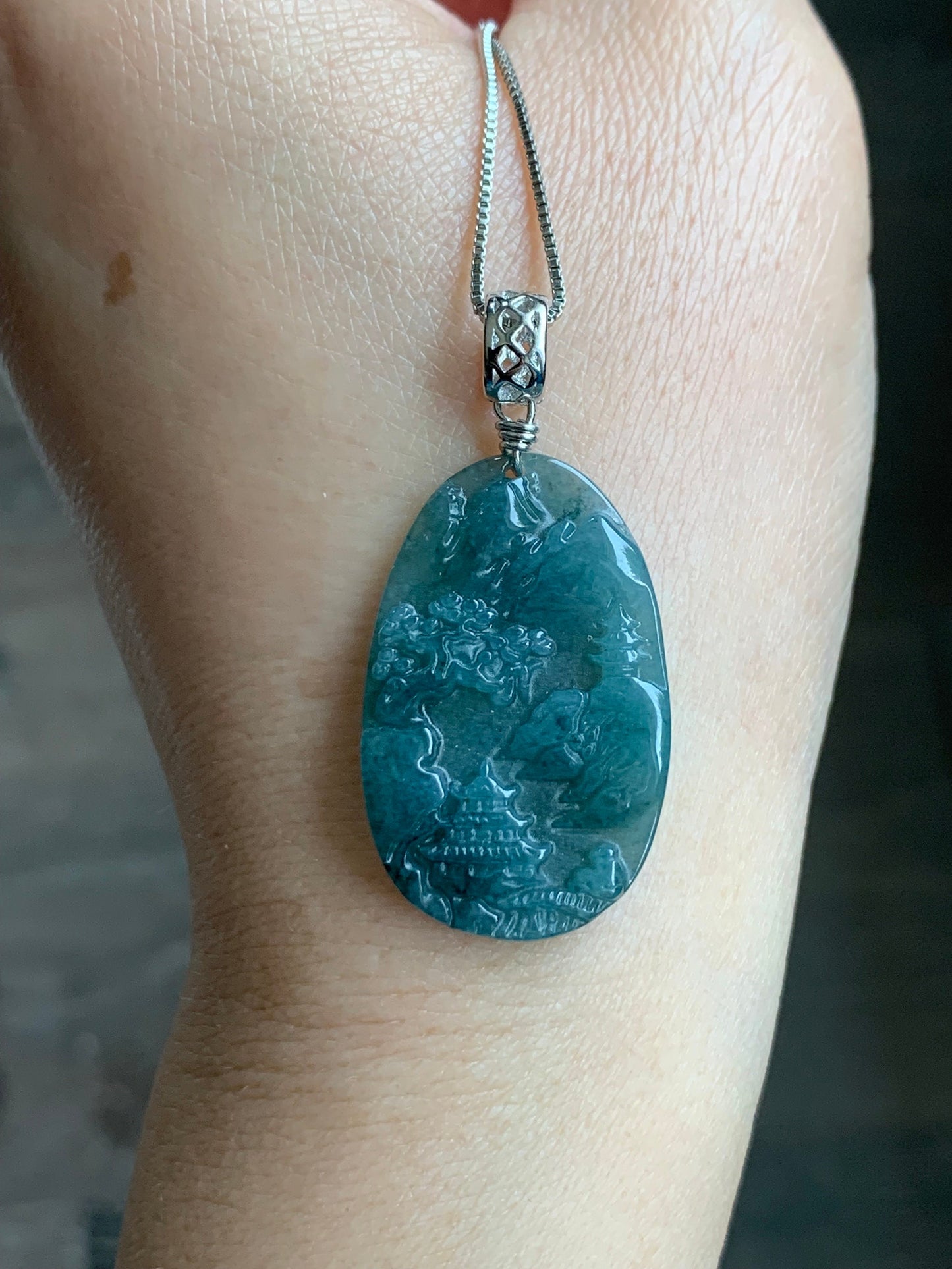 Natural Guatemalan Dark Teal Blue Jadeite Carved Shan Shui Pai Landscape Tag Pendant Sterling Silver 天然冰危深蓝水翡翠山水牌吊坠 A