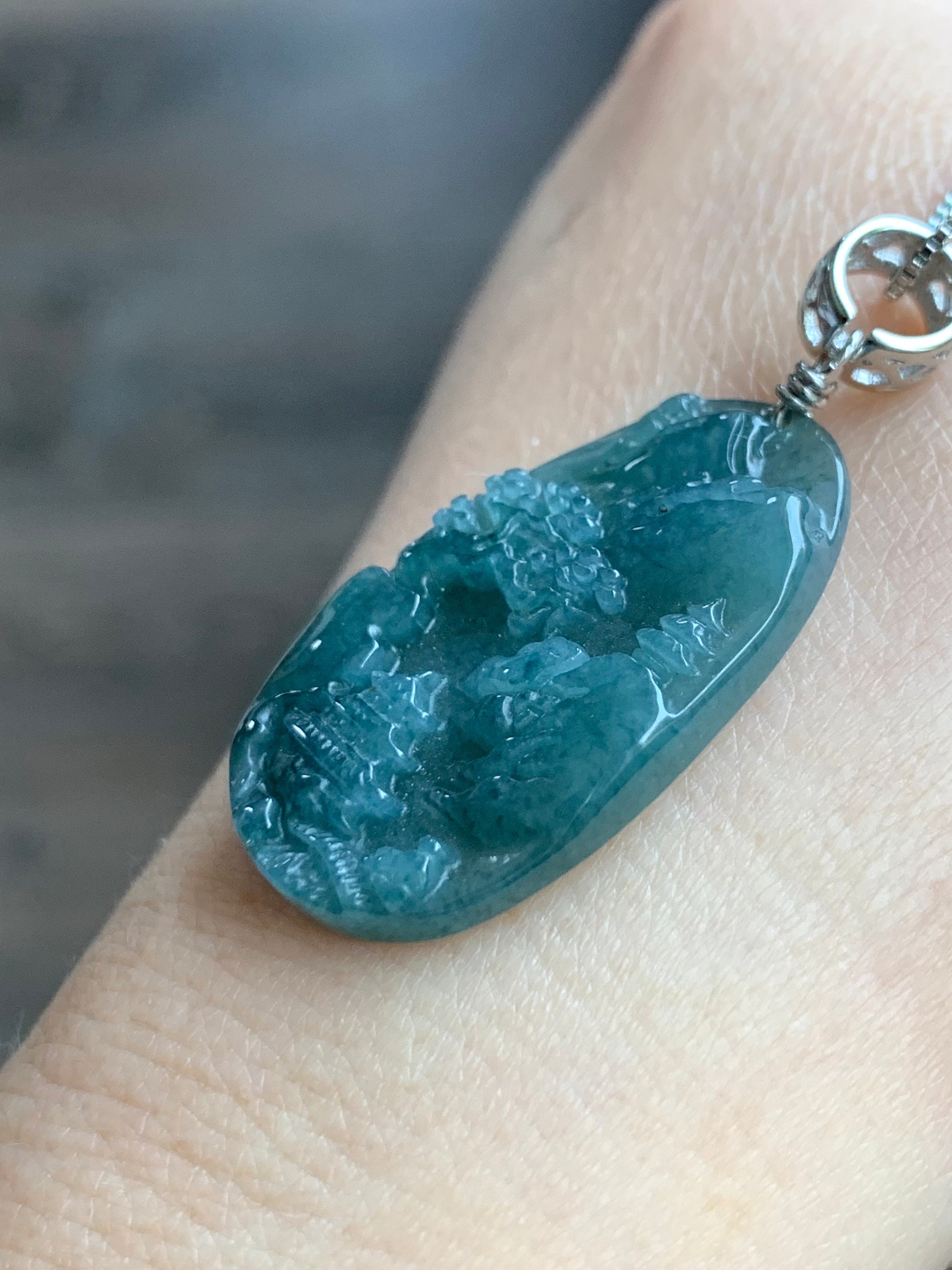 Natural Guatemalan Dark Teal Blue Jadeite Carved Shan Shui Pai Landscape Tag Pendant Sterling Silver 天然冰危深蓝水翡翠山水牌吊坠 A