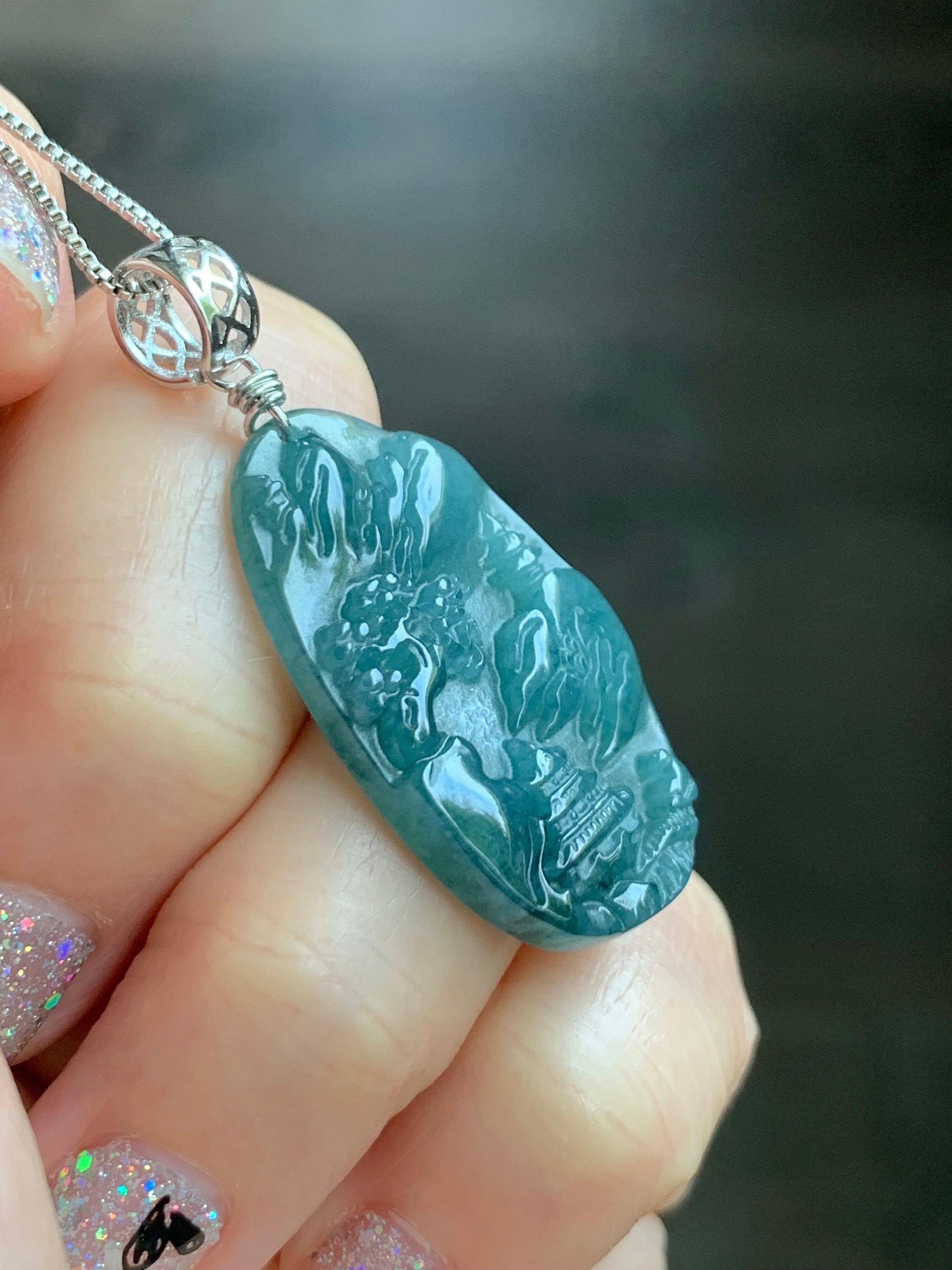 Natural Guatemalan Dark Teal Blue Jadeite Carved Shan Shui Pai Landscape Tag Pendant Sterling Silver 天然冰危深蓝水翡翠山水牌吊坠 A