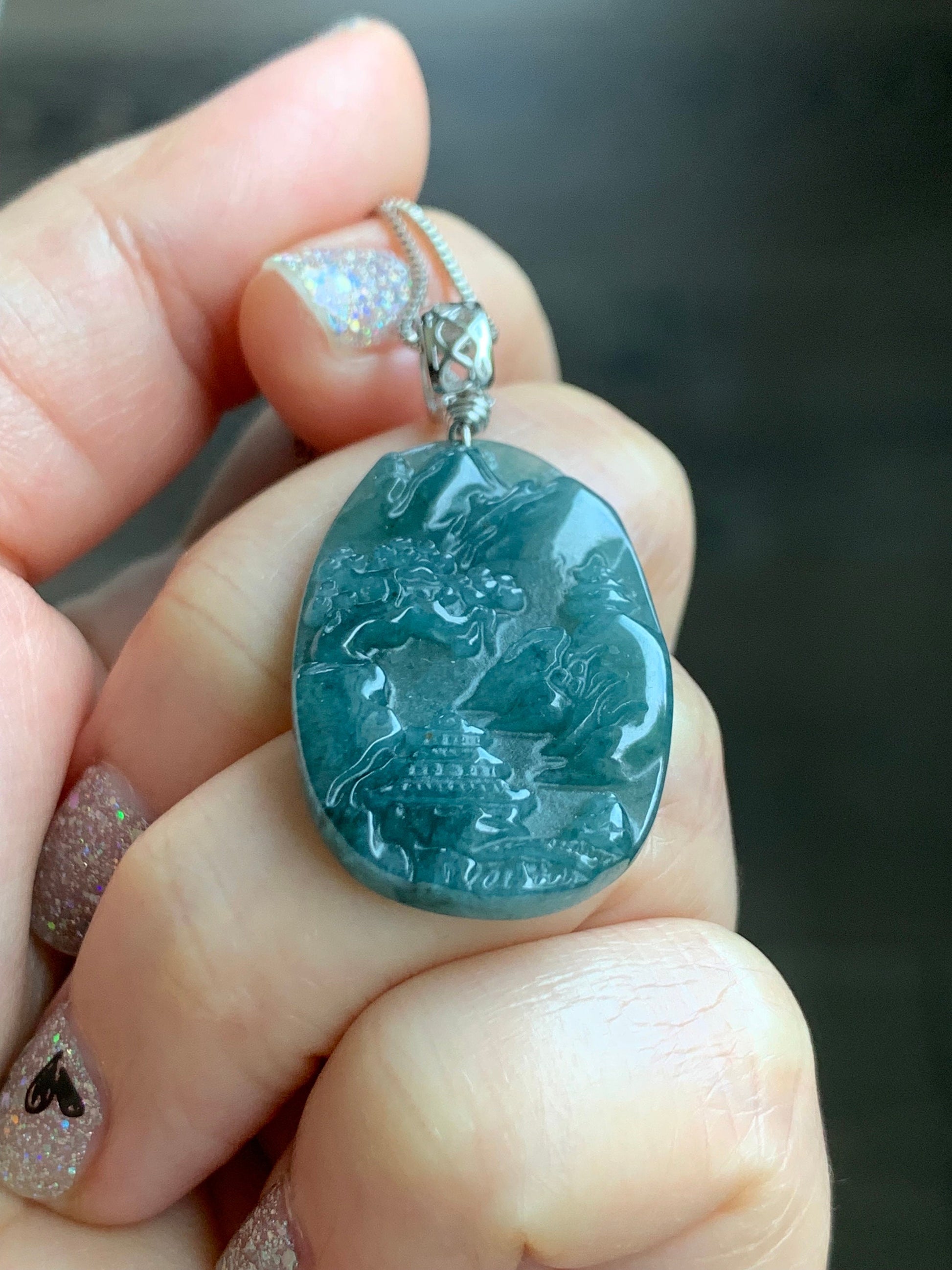 Natural Guatemalan Dark Teal Blue Jadeite Carved Shan Shui Pai Landscape Tag Pendant Sterling Silver 天然冰危深蓝水翡翠山水牌吊坠 A