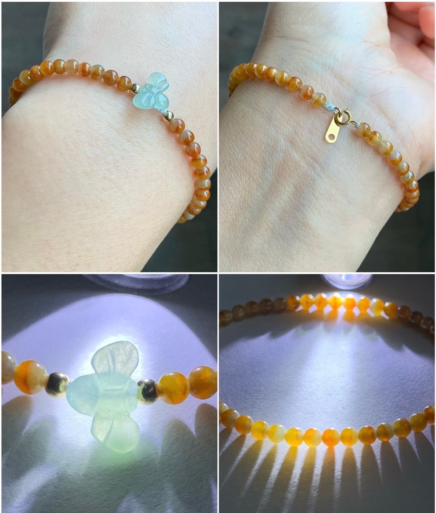 Natural Burmese Premium Icy Jadeite Honeybee Vibrant Bicolored Yellow Jadeite Beaded Bracelet 6.75”-7” Yellow Gold 天然缅甸冰黄红鸳鸯翡翠小珠冰晴翡翠蜜蜂K金手链