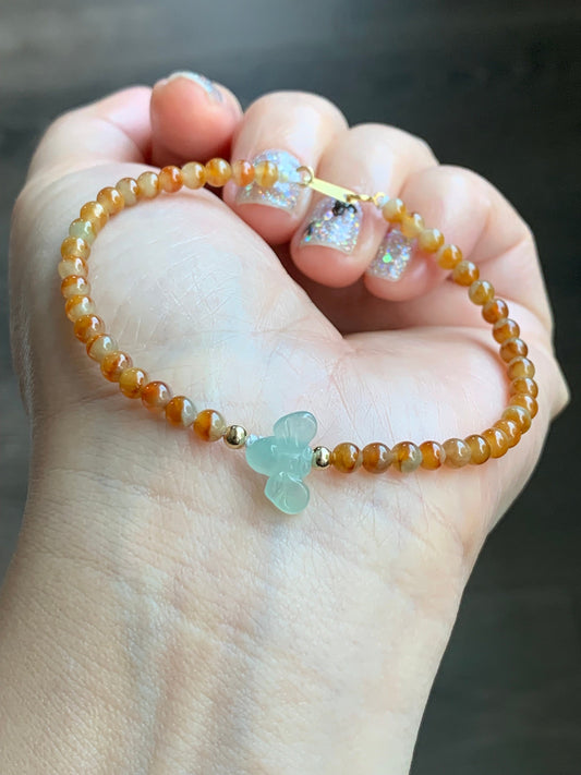 Natural Burmese Premium Icy Jadeite Honeybee Vibrant Bicolored Yellow Jadeite Beaded Bracelet 6.75”-7” Yellow Gold 天然缅甸冰黄红鸳鸯翡翠小珠冰晴翡翠蜜蜂K金手链