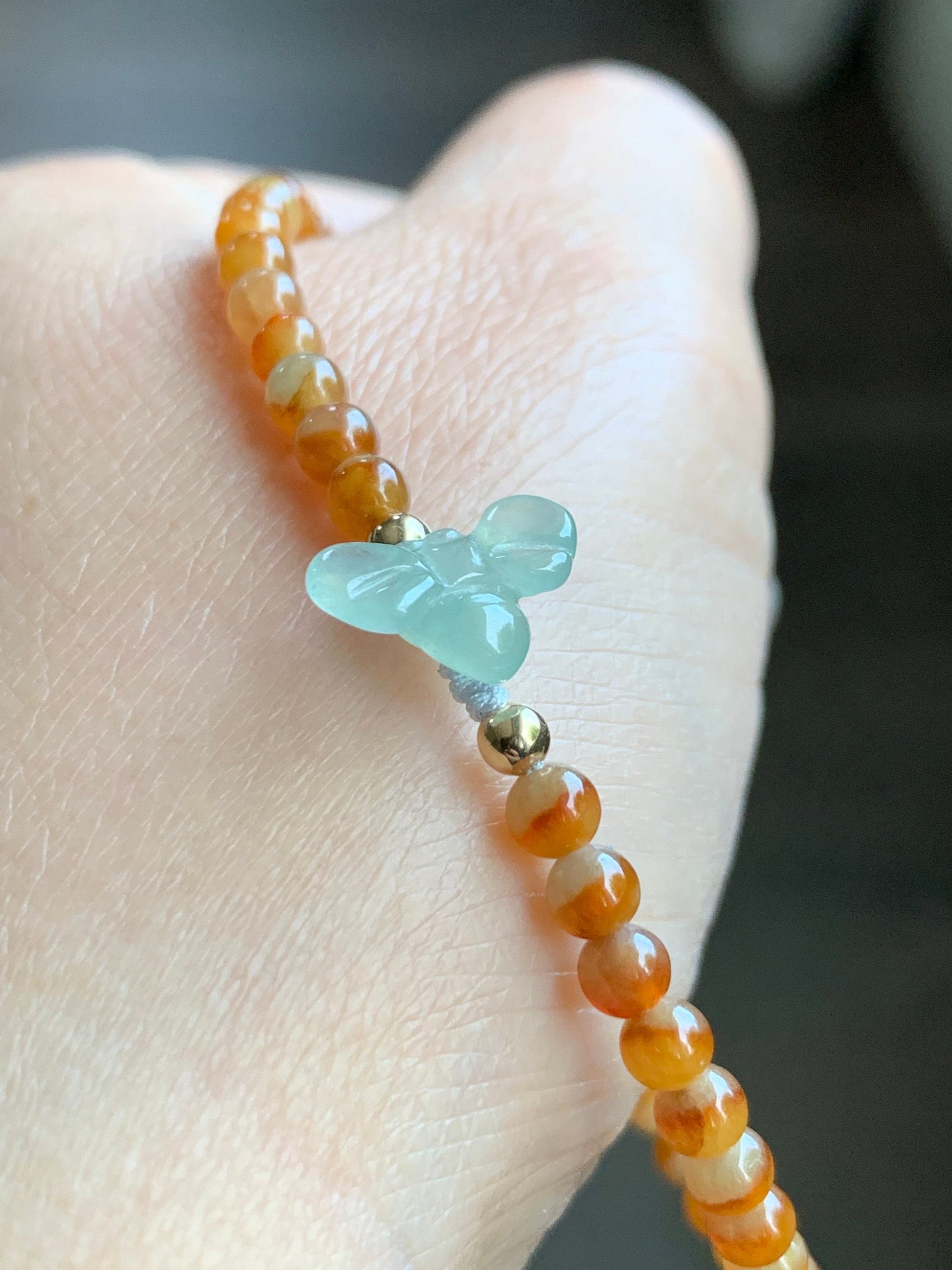 Natural Burmese Premium Icy Jadeite Honeybee Vibrant Bicolored Yellow Jadeite Beaded Bracelet 6.75”-7” Yellow Gold 天然缅甸冰黄红鸳鸯翡翠小珠冰晴翡翠蜜蜂K金手链