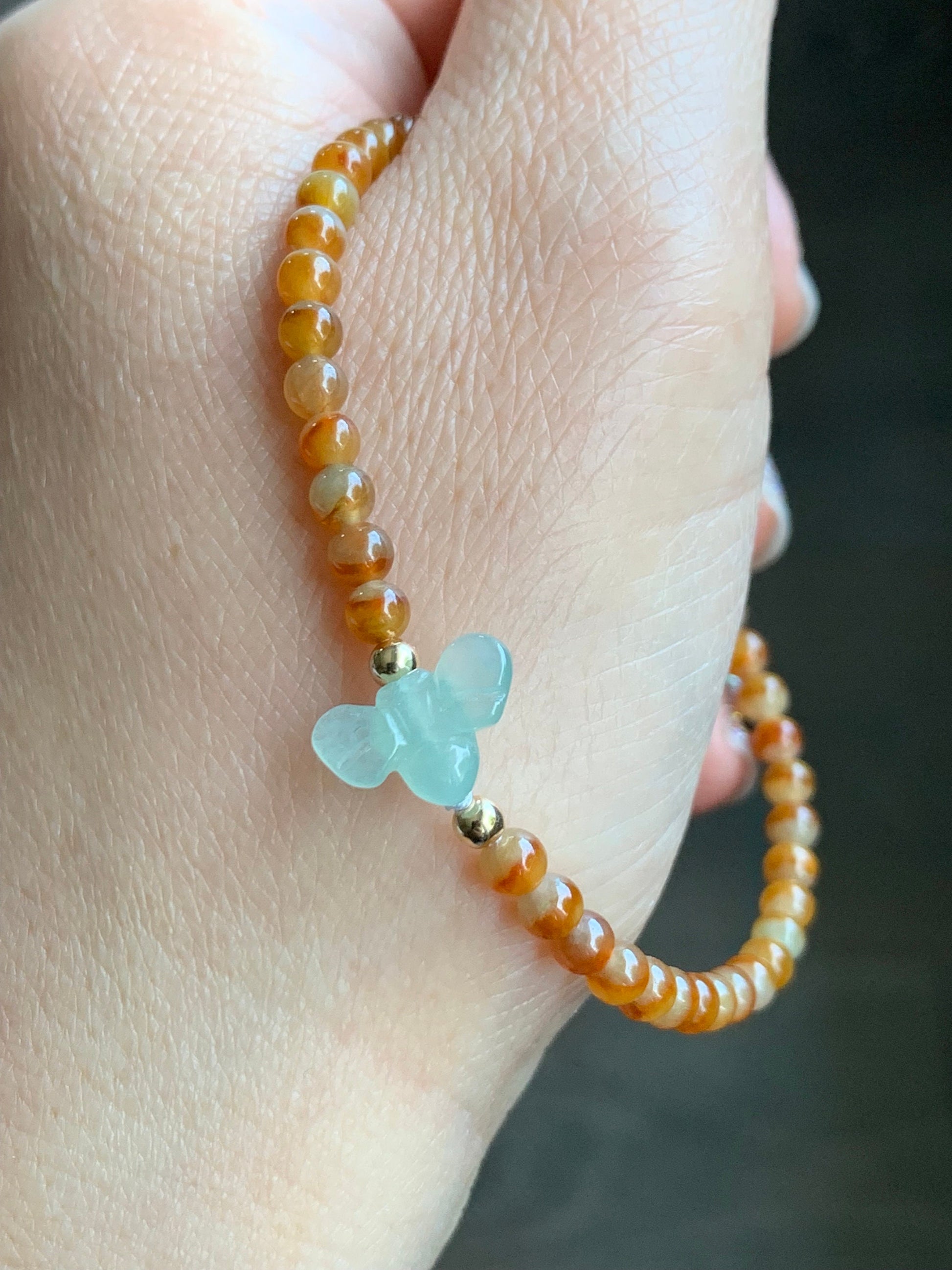 Natural Burmese Premium Icy Jadeite Honeybee Vibrant Bicolored Yellow Jadeite Beaded Bracelet 6.75”-7” Yellow Gold 天然缅甸冰黄红鸳鸯翡翠小珠冰晴翡翠蜜蜂K金手链