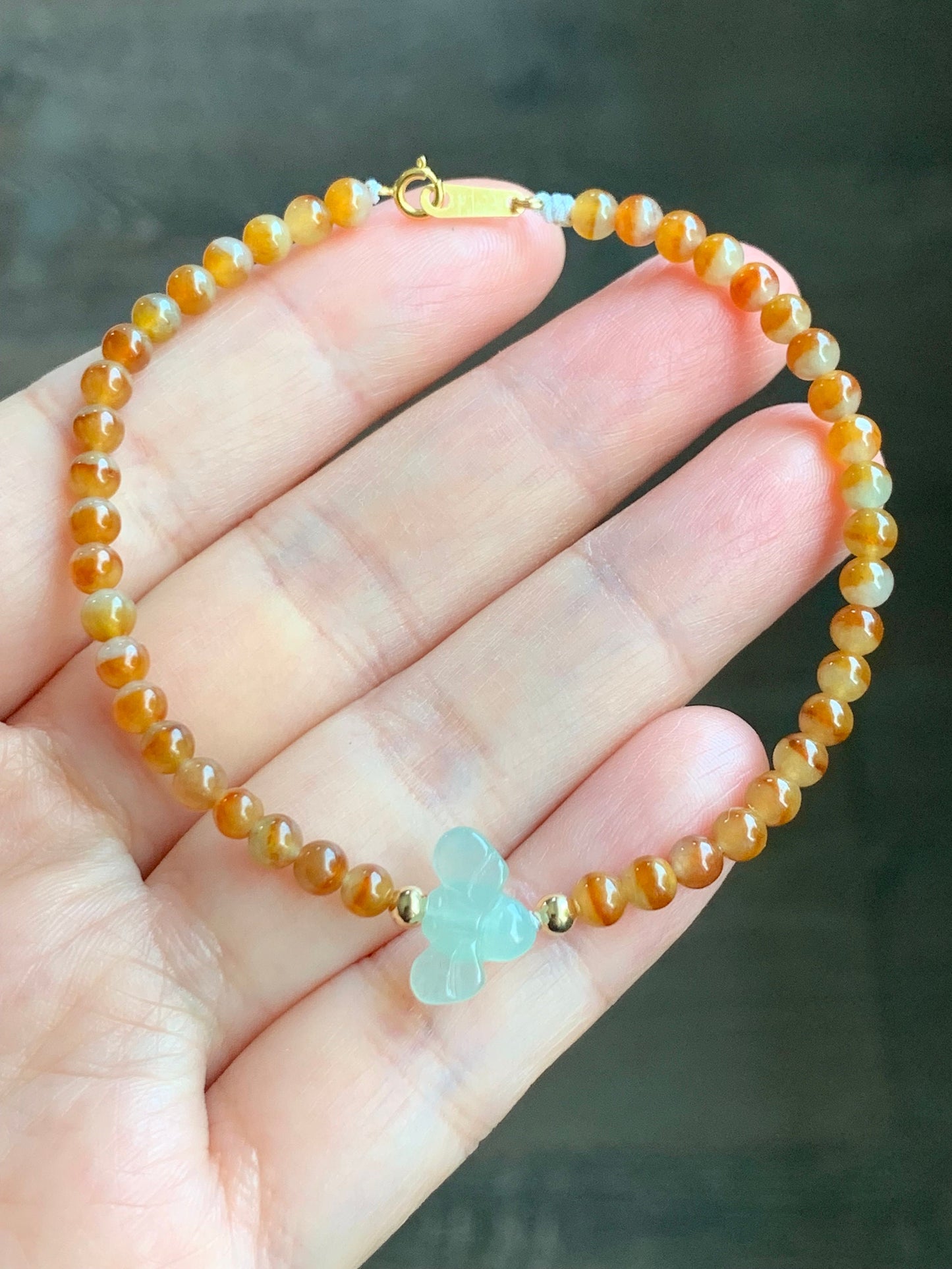 Natural Burmese Premium Icy Jadeite Honeybee Vibrant Bicolored Yellow Jadeite Beaded Bracelet 6.75”-7” Yellow Gold 天然缅甸冰黄红鸳鸯翡翠小珠冰晴翡翠蜜蜂K金手链