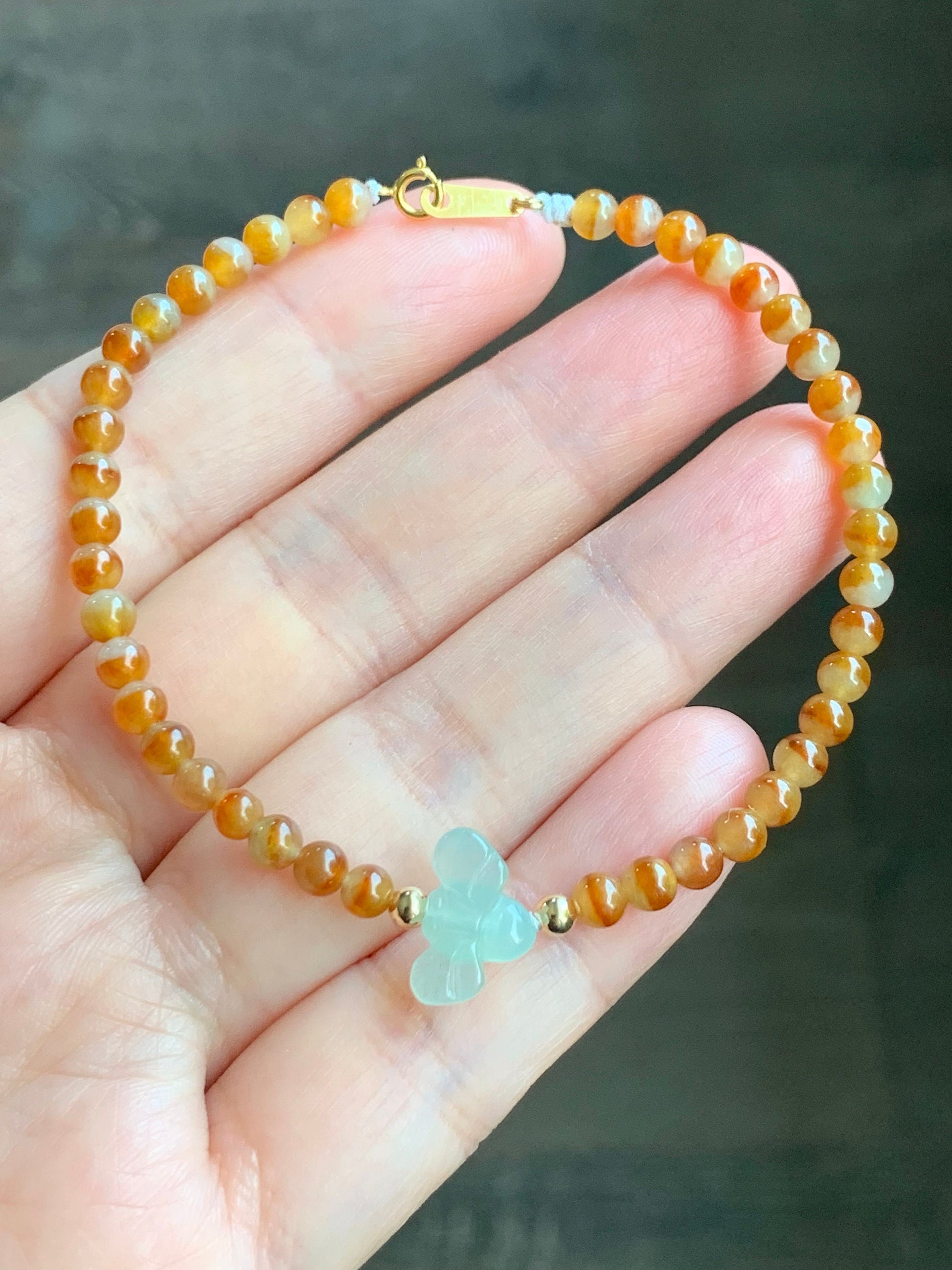 Natural Burmese Premium Icy Jadeite Honeybee Vibrant Bicolored Yellow Jadeite Beaded Bracelet 6.75”-7” Yellow Gold 天然缅甸冰黄红鸳鸯翡翠小珠冰晴翡翠蜜蜂K金手链