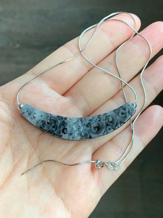 Natural Burmese Icy Translucent Wuji Jadeite Openwork Engraved Crescent Moon Pendant Sterling Silver Necklace 17” 天然缅甸冰胶乌鸡翡翠镂空雕弯月吊坠项链