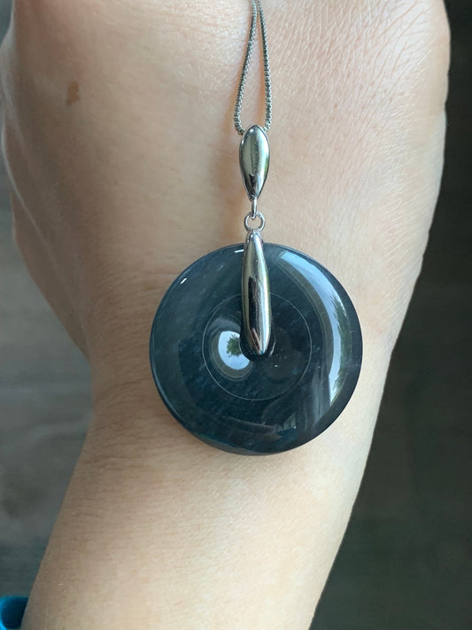 Certified Natural Guatemalan Premium Icy Translucent Dark Blue Wuji Jadeite Ping An Kou Donut Pendant Sterling Silver 天然老种冰危深蓝乌鸡翡翠平安扣吊坠 3280