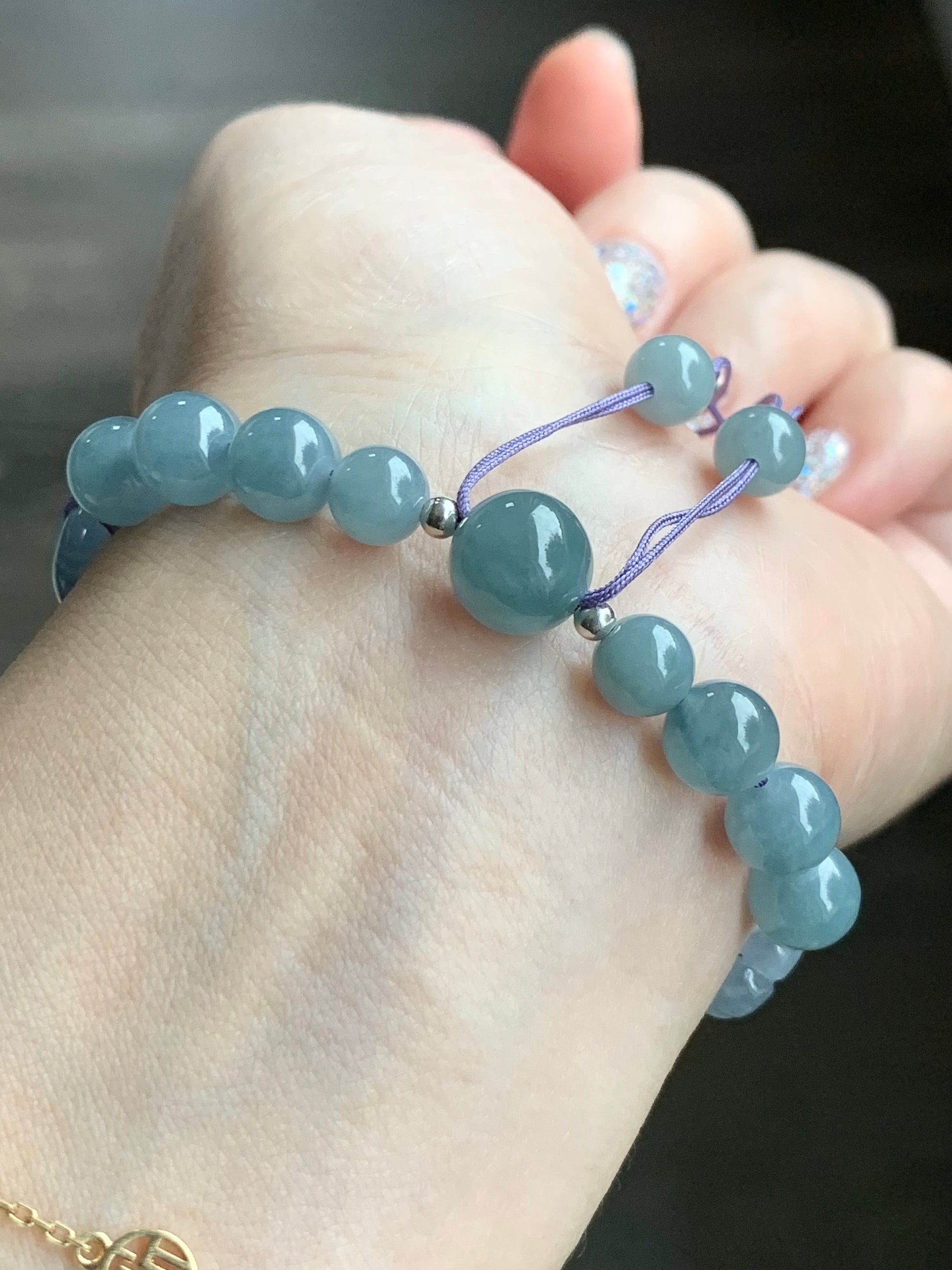 Certified Natural Guatemalan Icy Highly Translucent Purplish Blue Jadeite & Dusty Blue Jadeite Beaded Bracelet 6.75” 16g 天然冰透危蓝紫翡翠手牌蓝水珠手串