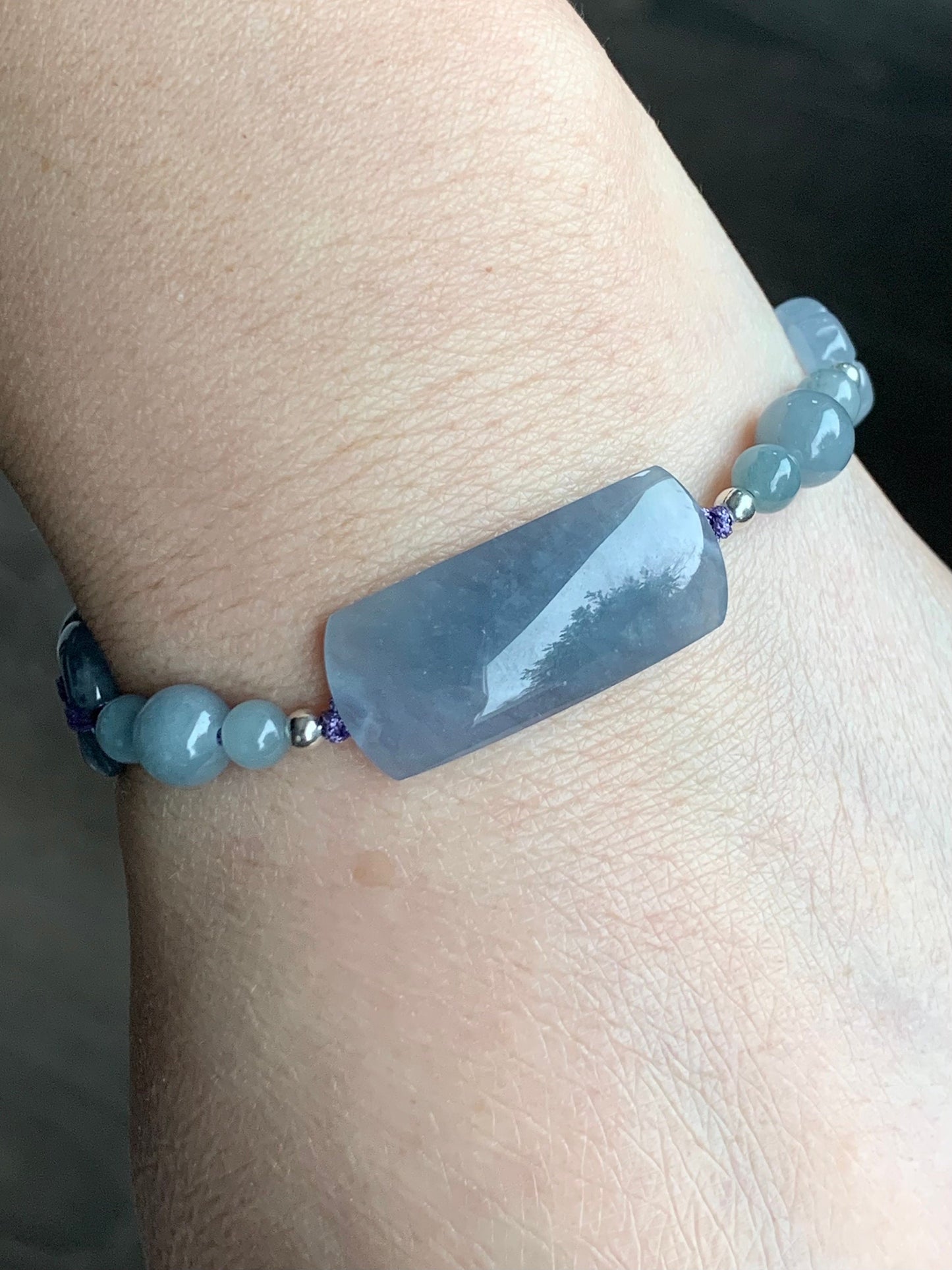 Certified Natural Guatemalan Icy Highly Translucent Purplish Blue Jadeite & Dusty Blue Jadeite Beaded Bracelet 6.75” 16g 天然冰透危蓝紫翡翠手牌蓝水珠手串