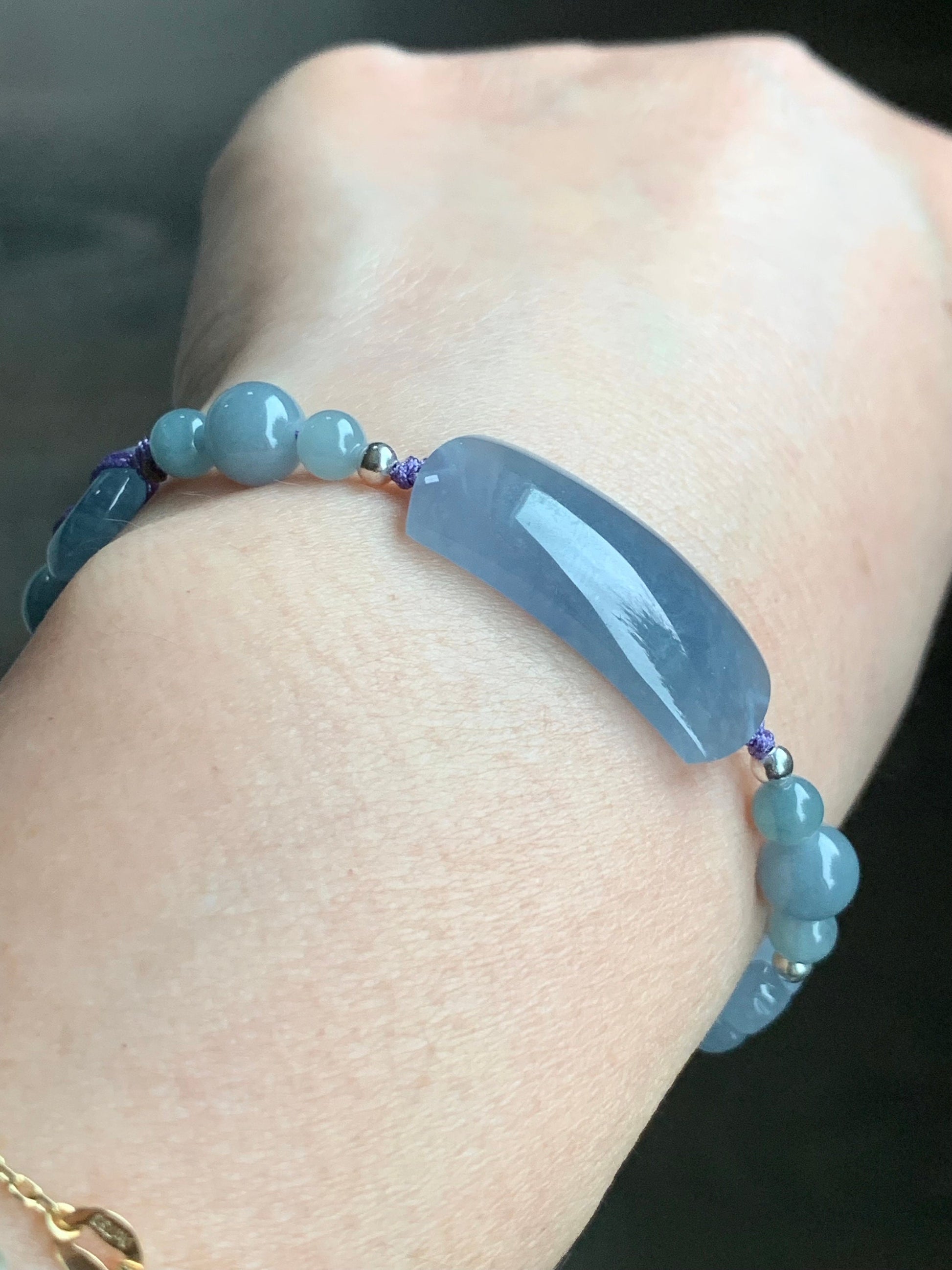 Certified Natural Guatemalan Icy Highly Translucent Purplish Blue Jadeite & Dusty Blue Jadeite Beaded Bracelet 6.75” 16g 天然冰透危蓝紫翡翠手牌蓝水珠手串