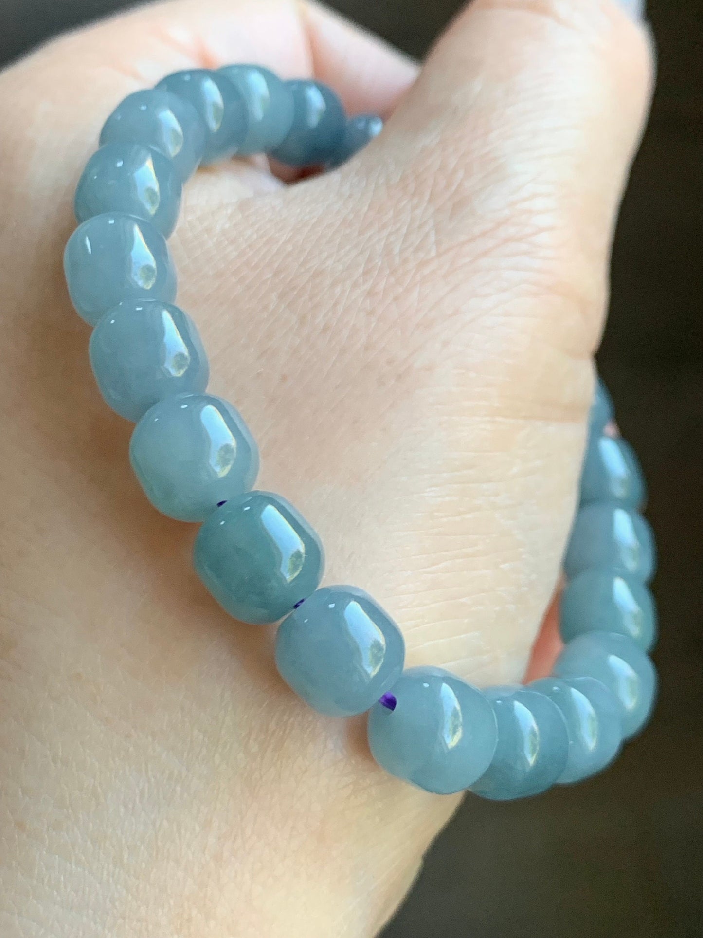 Natural Guatemalan Icy Translucent Light Dusty Blue Jadeite Apple Beads Beaded Bracelet Stretchy 6.75” 24g 天然冰危蓝水翡翠苹果珠手串 WLG675