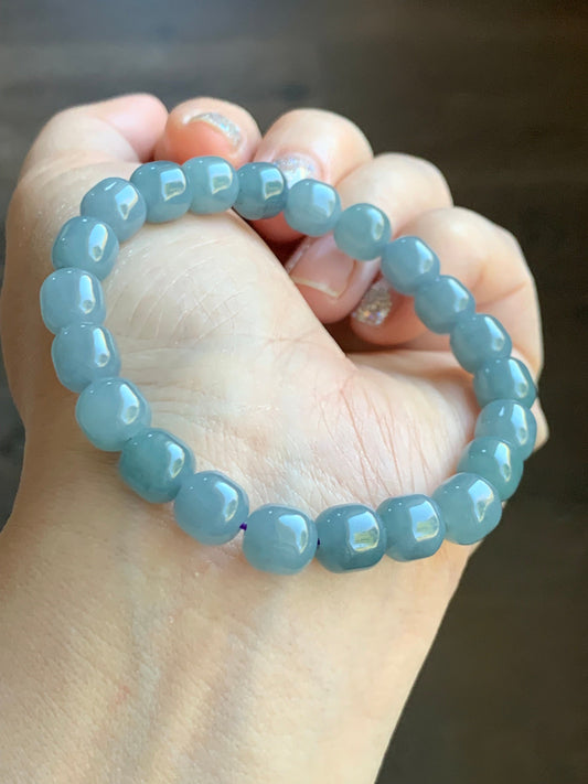 Natural Guatemalan Icy Translucent Light Dusty Blue Jadeite Apple Beads Beaded Bracelet Stretchy 6.75” 24g 天然冰危蓝水翡翠苹果珠手串 WLG675