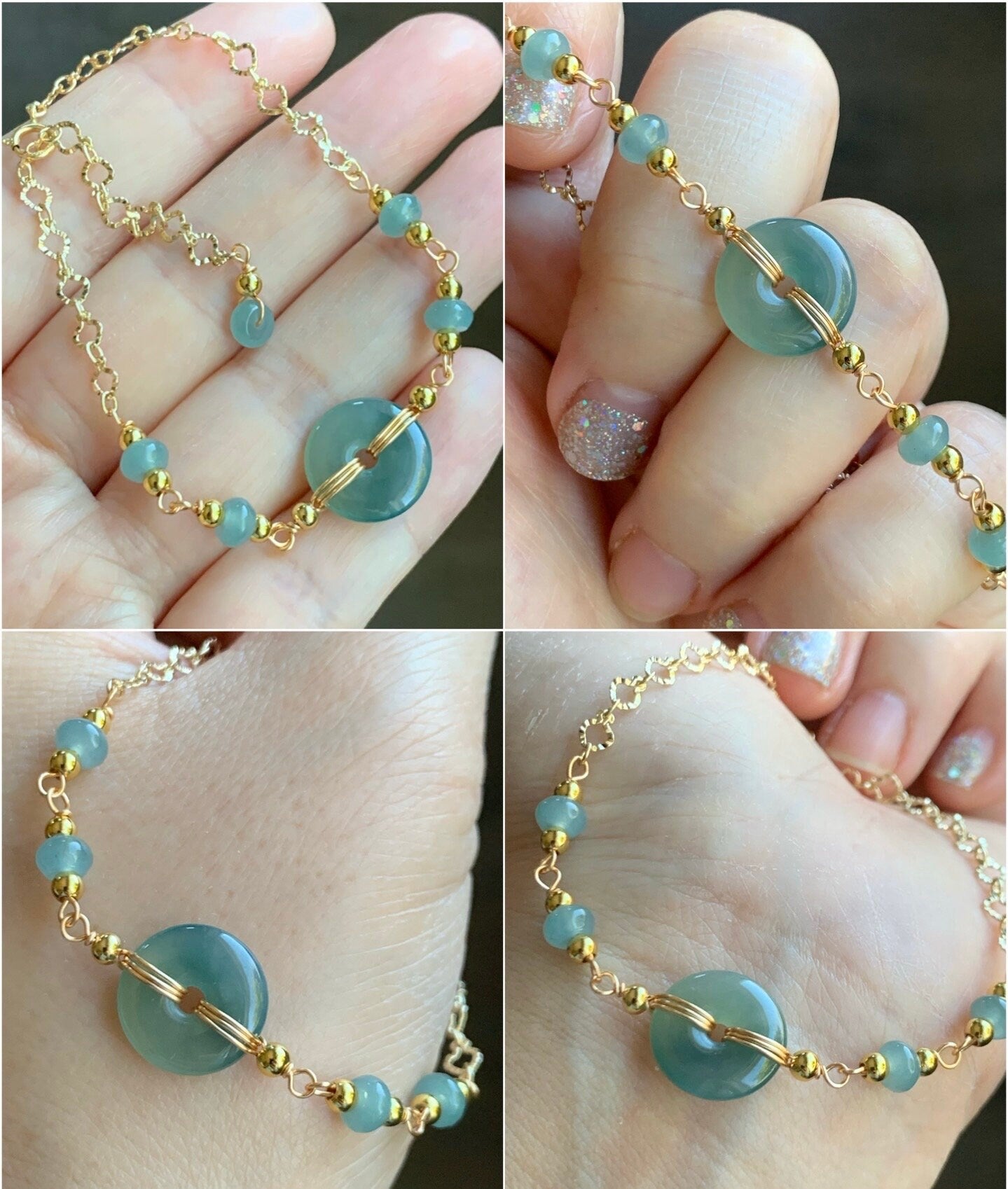 Natural Guatemalan Icy Translucent Light Blue Jadeite Ping An Kou Donut Chain Bracelet 14K Gold Plated Adjustable 7.75” 天然冰危蓝翡翠平安扣14K包金手链