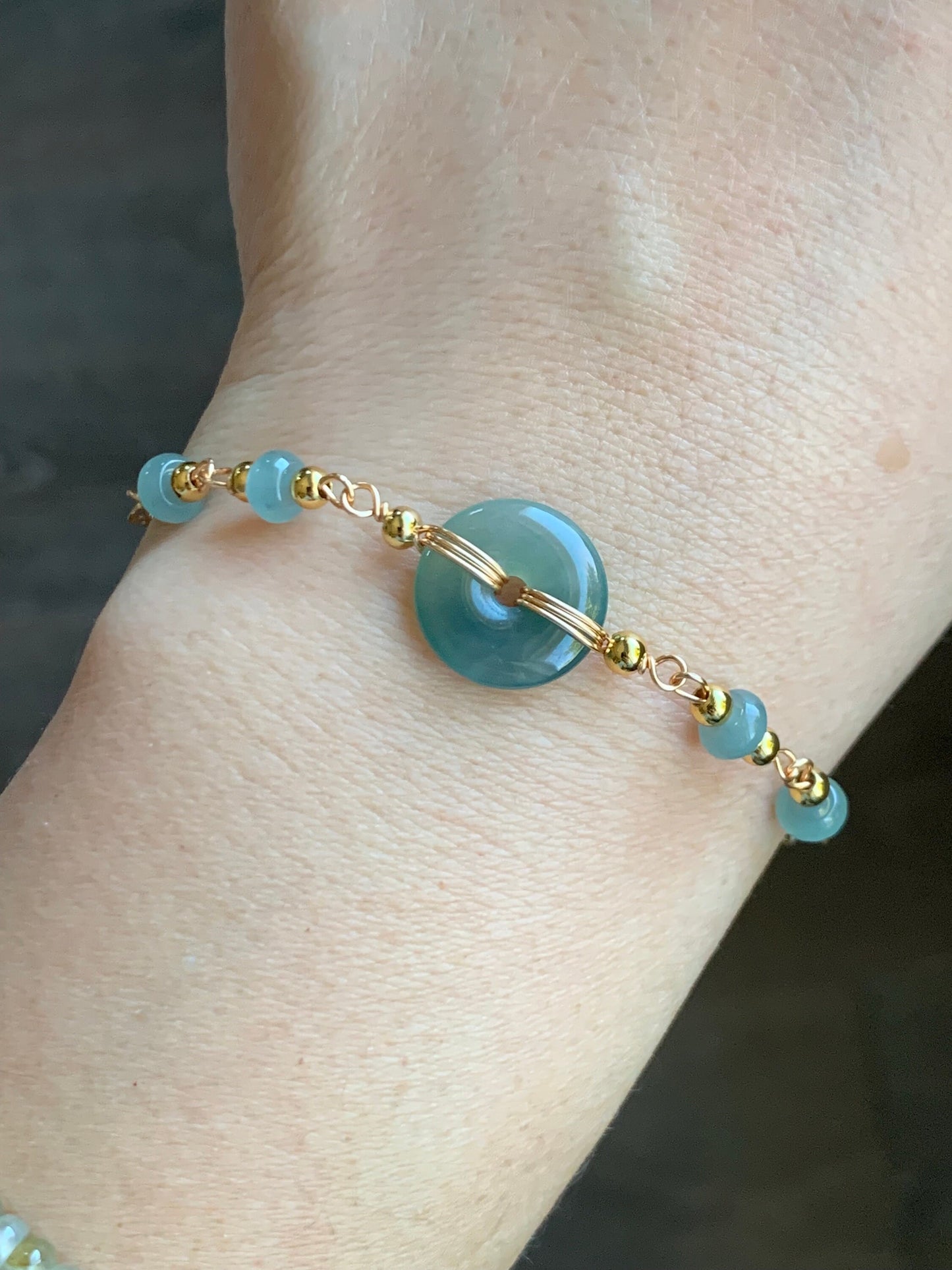 Natural Guatemalan Icy Translucent Light Blue Jadeite Ping An Kou Donut Chain Bracelet 14K Gold Plated Adjustable 7.75” 天然冰危蓝翡翠平安扣14K包金手链