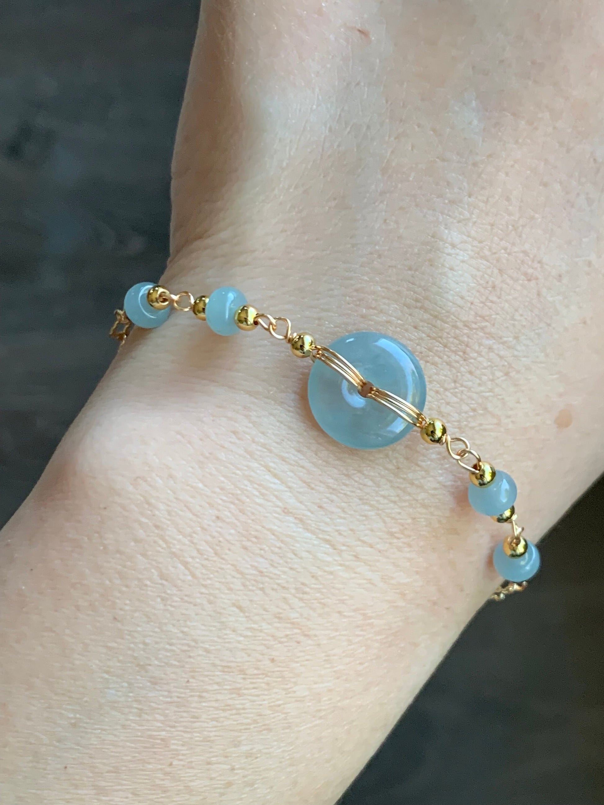 Natural Guatemalan Icy Translucent Light Blue Jadeite Ping An Kou Donut Chain Bracelet 14K Gold Plated Adjustable 7.75” 天然冰危蓝翡翠平安扣14K包金手链