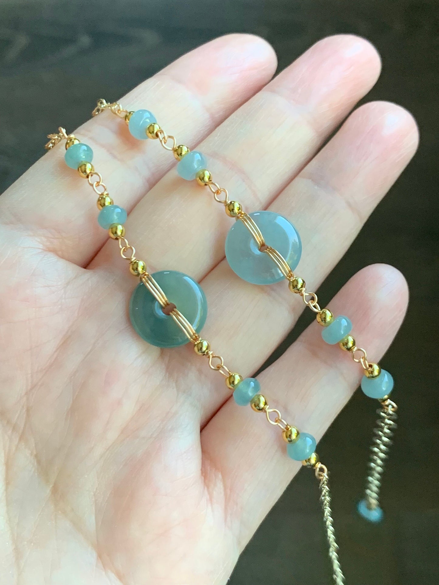 Natural Guatemalan Icy Translucent Light Blue Jadeite Ping An Kou Donut Chain Bracelet 14K Gold Plated Adjustable 7.75” 天然冰危蓝翡翠平安扣14K包金手链