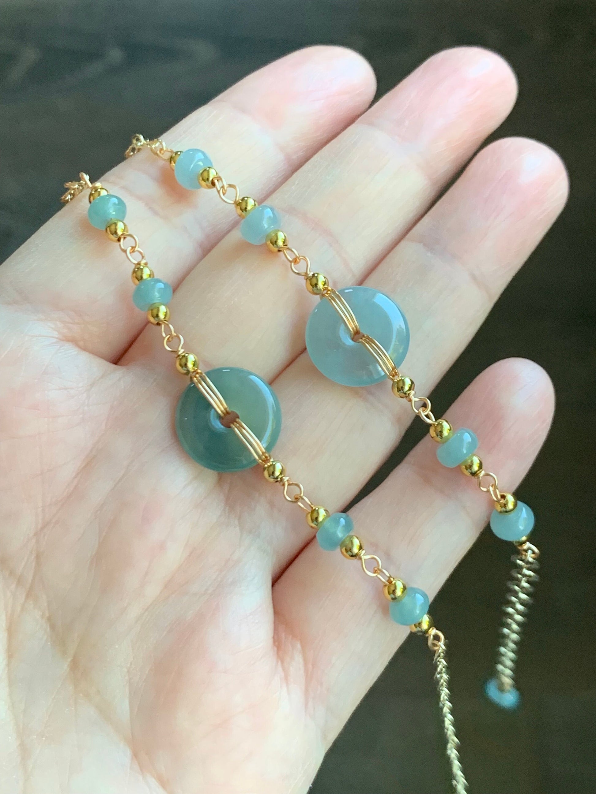 Natural Guatemalan Icy Translucent Light Blue Jadeite Ping An Kou Donut Chain Bracelet 14K Gold Plated Adjustable 7.75” 天然冰危蓝翡翠平安扣14K包金手链