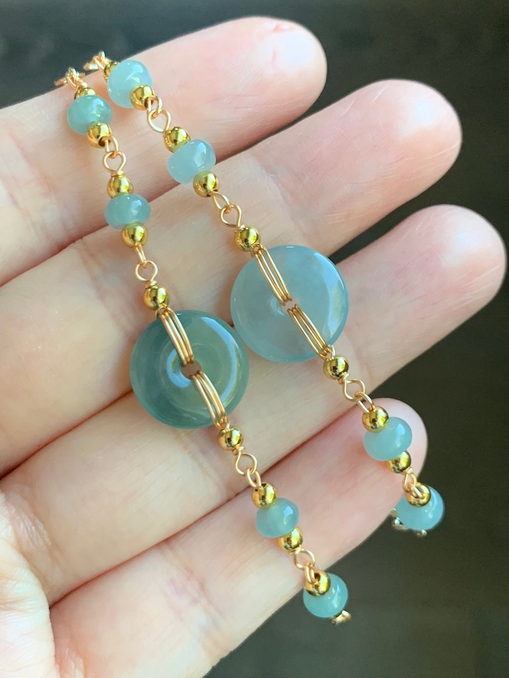 Natural Guatemalan Icy Translucent Light Blue Jadeite Ping An Kou Donut Chain Bracelet 14K Gold Plated Adjustable 7.75” 天然冰危蓝翡翠平安扣14K包金手链