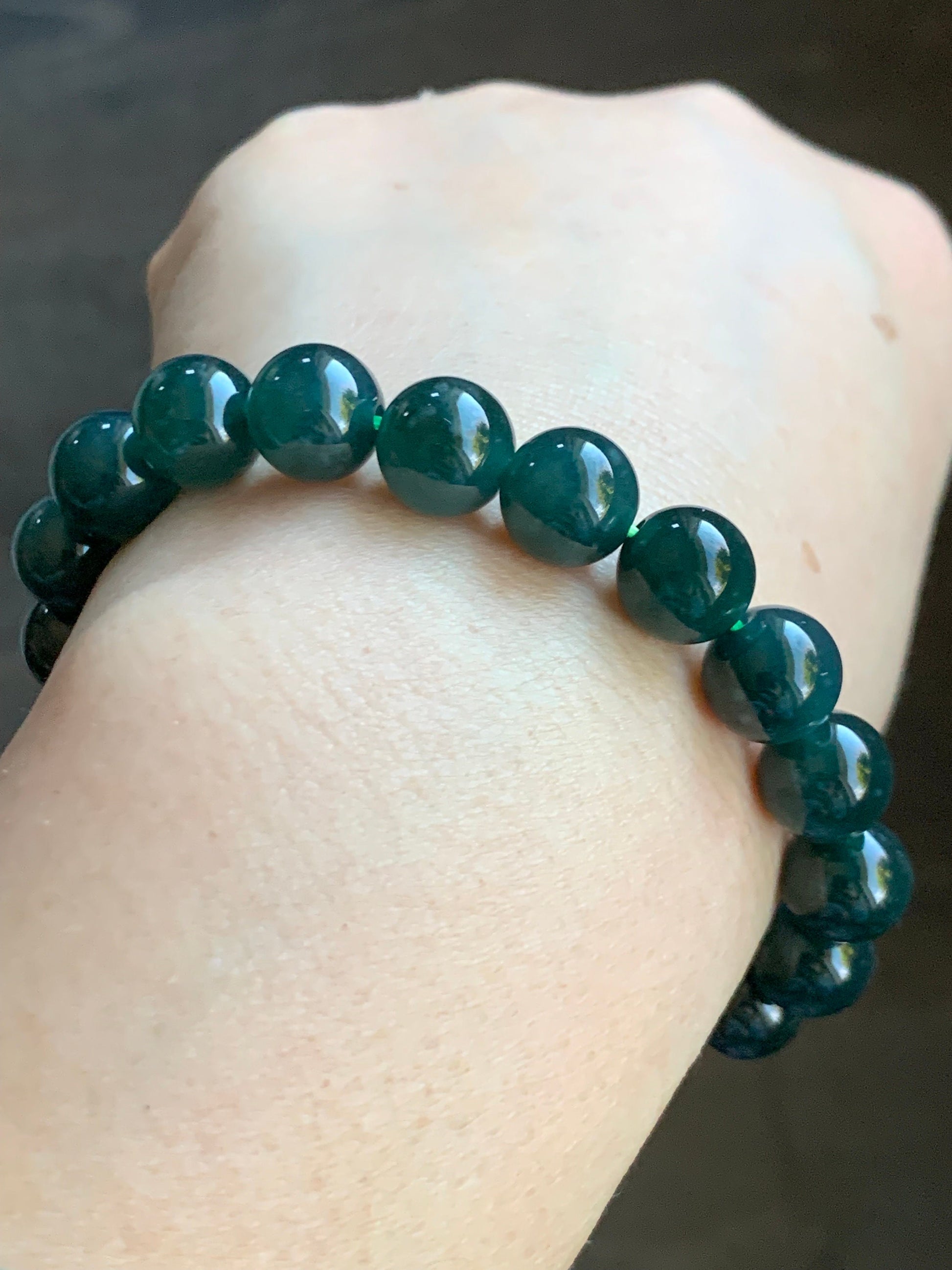 Natural Guatemalan Grade A Icy Translucent Deep Teal Blue Jadeite Beaded Bracelet Stretchy 9.5mm 6.75" 31g 天然冰危深蓝绿翡翠大卡手串 SWL315