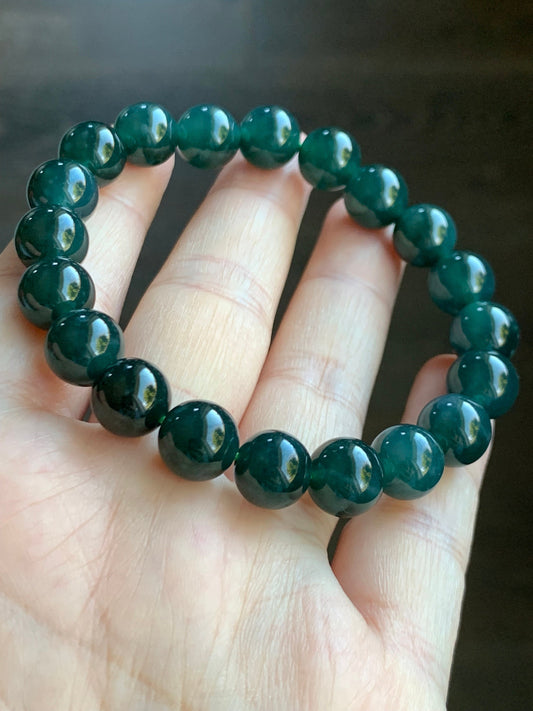 Natural Guatemalan Grade A Icy Translucent Deep Teal Blue Jadeite Beaded Bracelet Stretchy 9.5mm 6.75" 31g 天然冰危深蓝绿翡翠大卡手串 SWL315