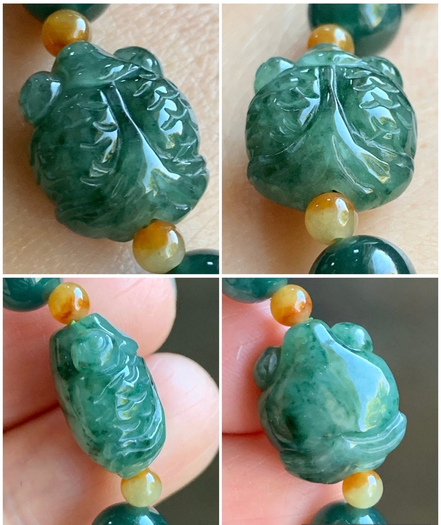 Natural Guatemalan Translucent Dark Green jadeite & Burmese Icy Green Marbled Jadeite Goldfish Beaded Bracelet 7” 22g 天然缅甸冰飘花翡翠金鱼冰危深绿圆珠手串