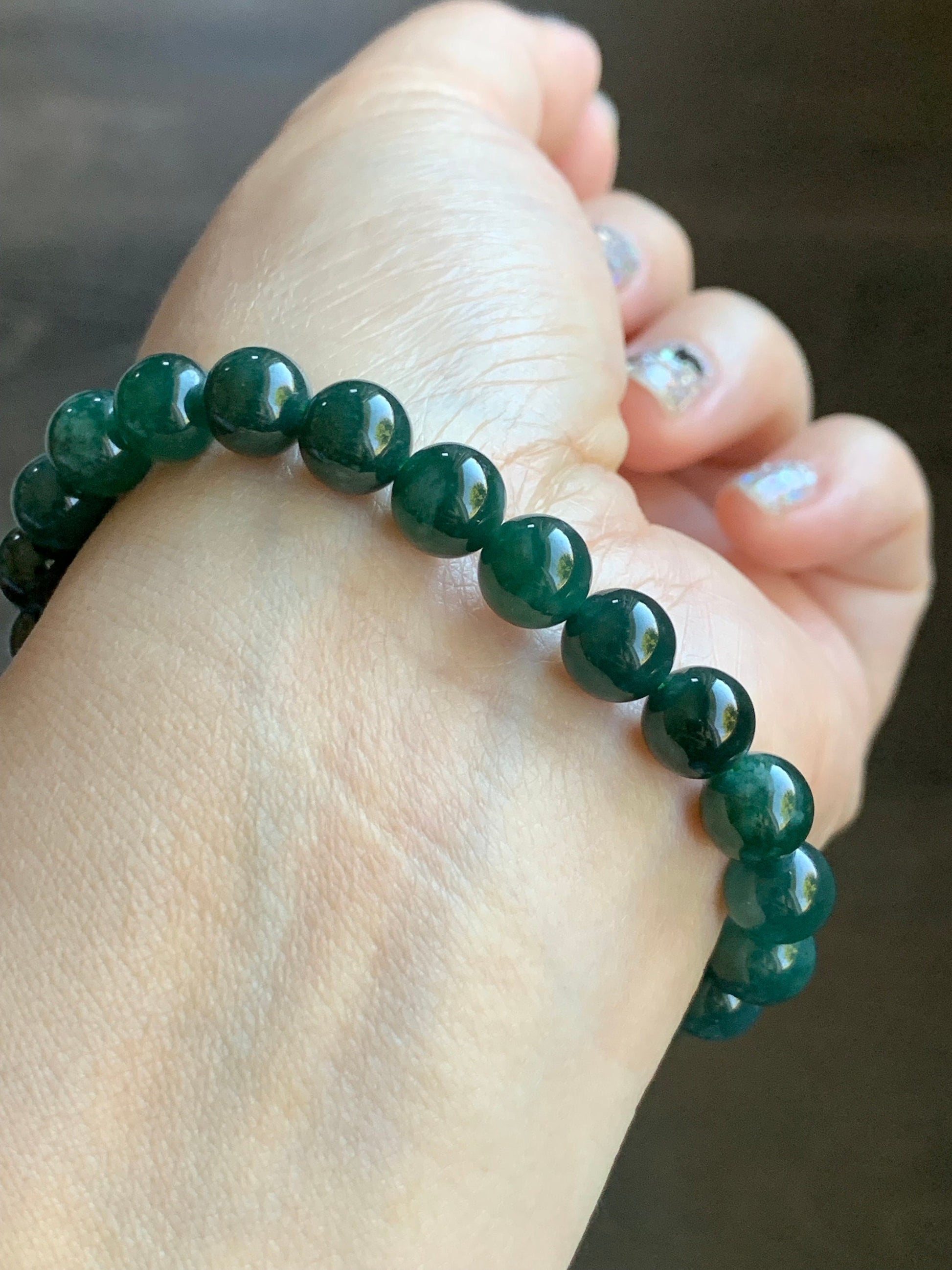 Natural Guatemalan Translucent Dark Green jadeite & Burmese Icy Green Marbled Jadeite Goldfish Beaded Bracelet 7” 22g 天然缅甸冰飘花翡翠金鱼冰危深绿圆珠手串