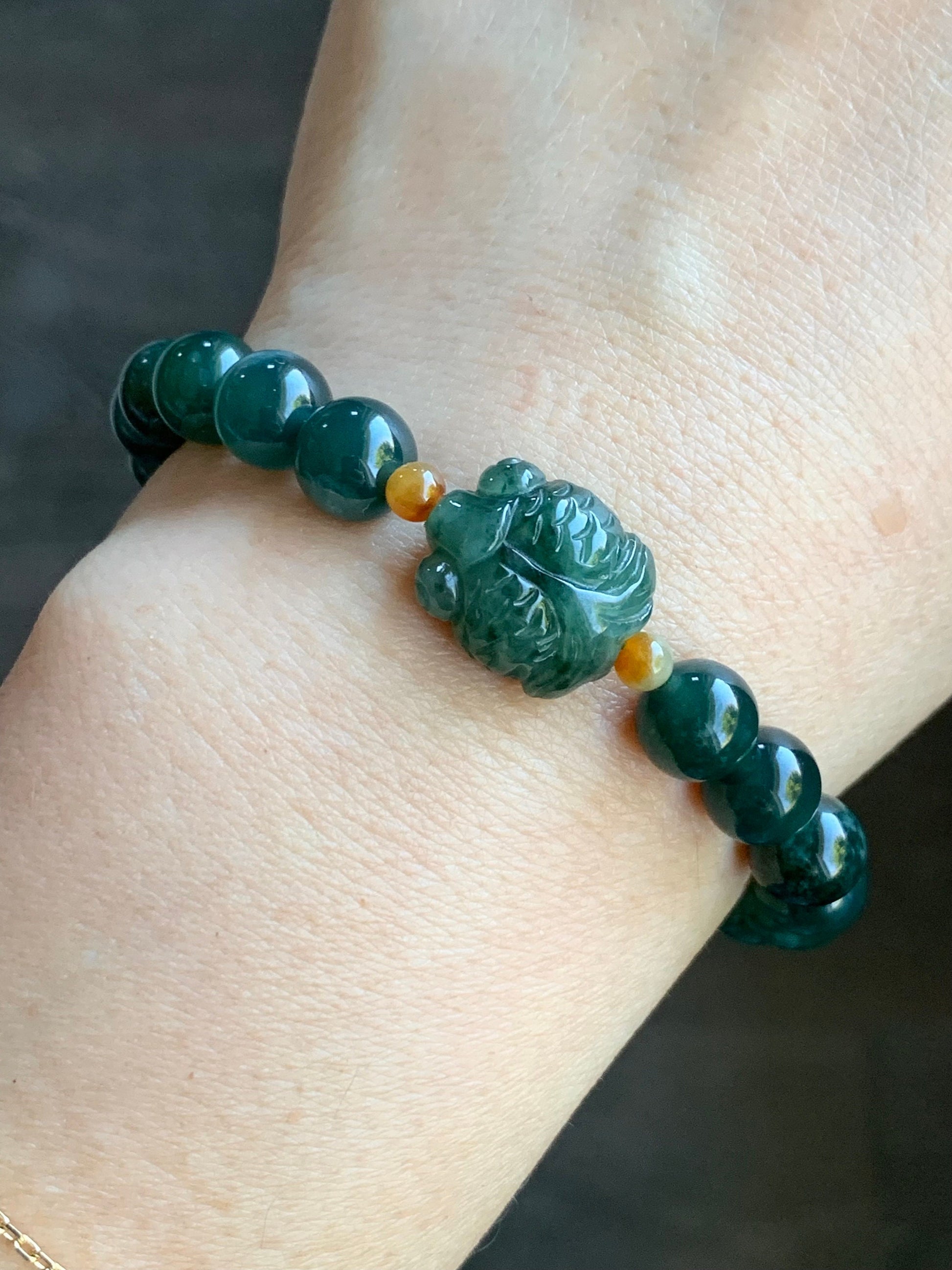 Natural Guatemalan Translucent Dark Green jadeite & Burmese Icy Green Marbled Jadeite Goldfish Beaded Bracelet 7” 22g 天然缅甸冰飘花翡翠金鱼冰危深绿圆珠手串