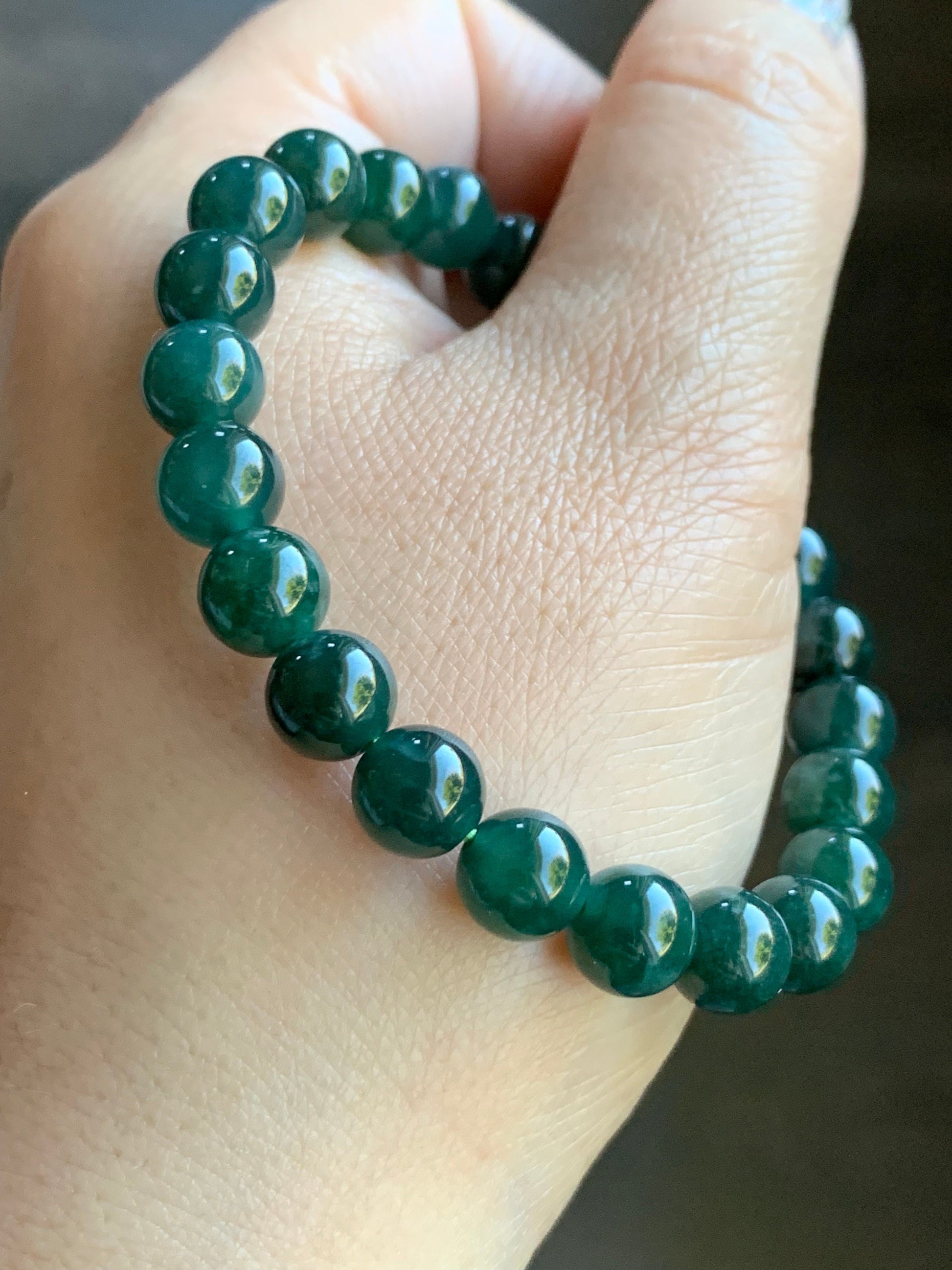 Natural Guatemalan Translucent Dark Green jadeite & Burmese Icy Green Marbled Jadeite Goldfish Beaded Bracelet 7” 22g 天然缅甸冰飘花翡翠金鱼冰危深绿圆珠手串