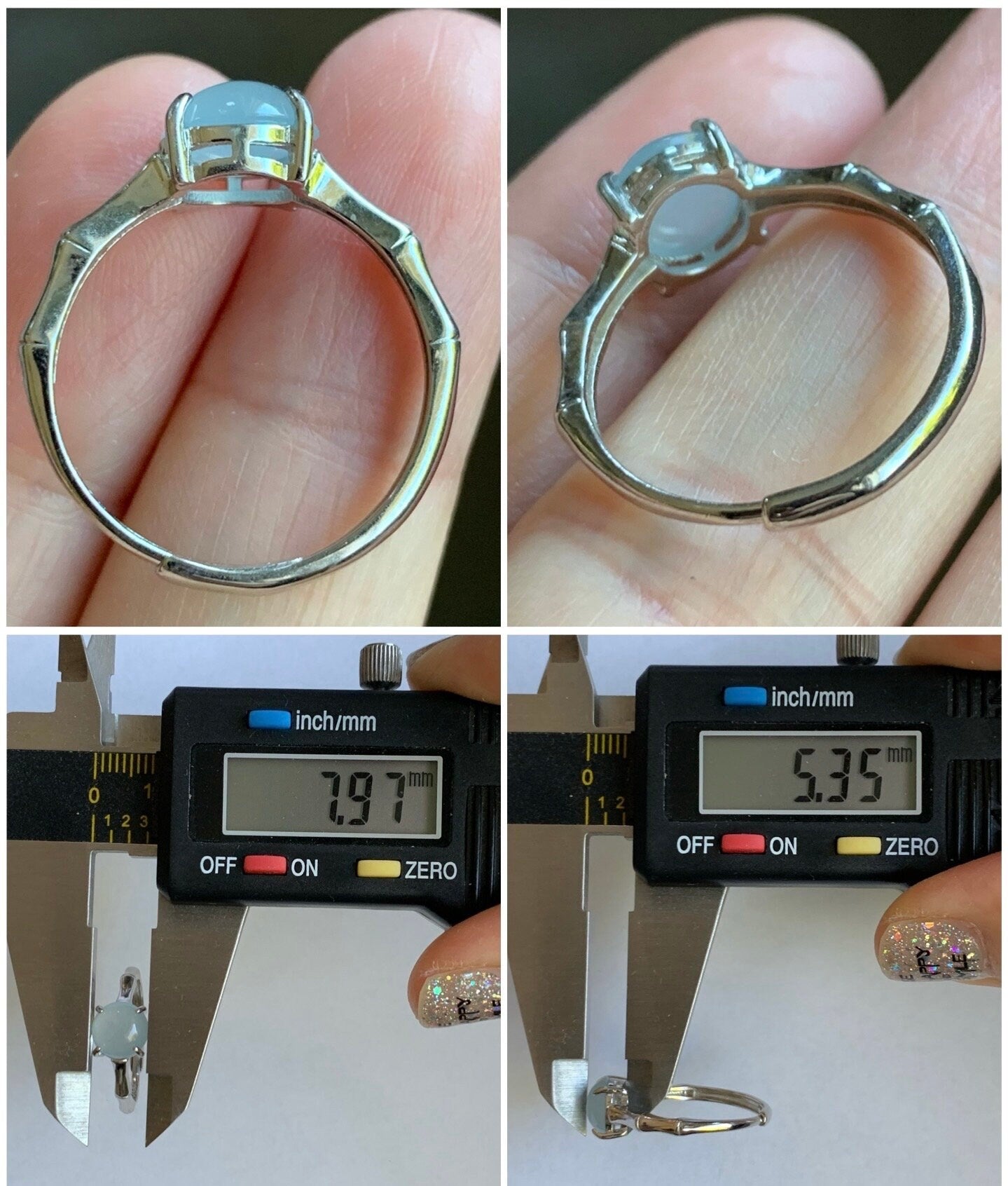 Natural Guatemalan Icy Translucent Pale Blue Jadeite Round Solitaire Bamboo Ring Sterling Silver Size 7 Adjustable 天然冰危淡蓝翡翠蛋面银镶戒指 WZJ70