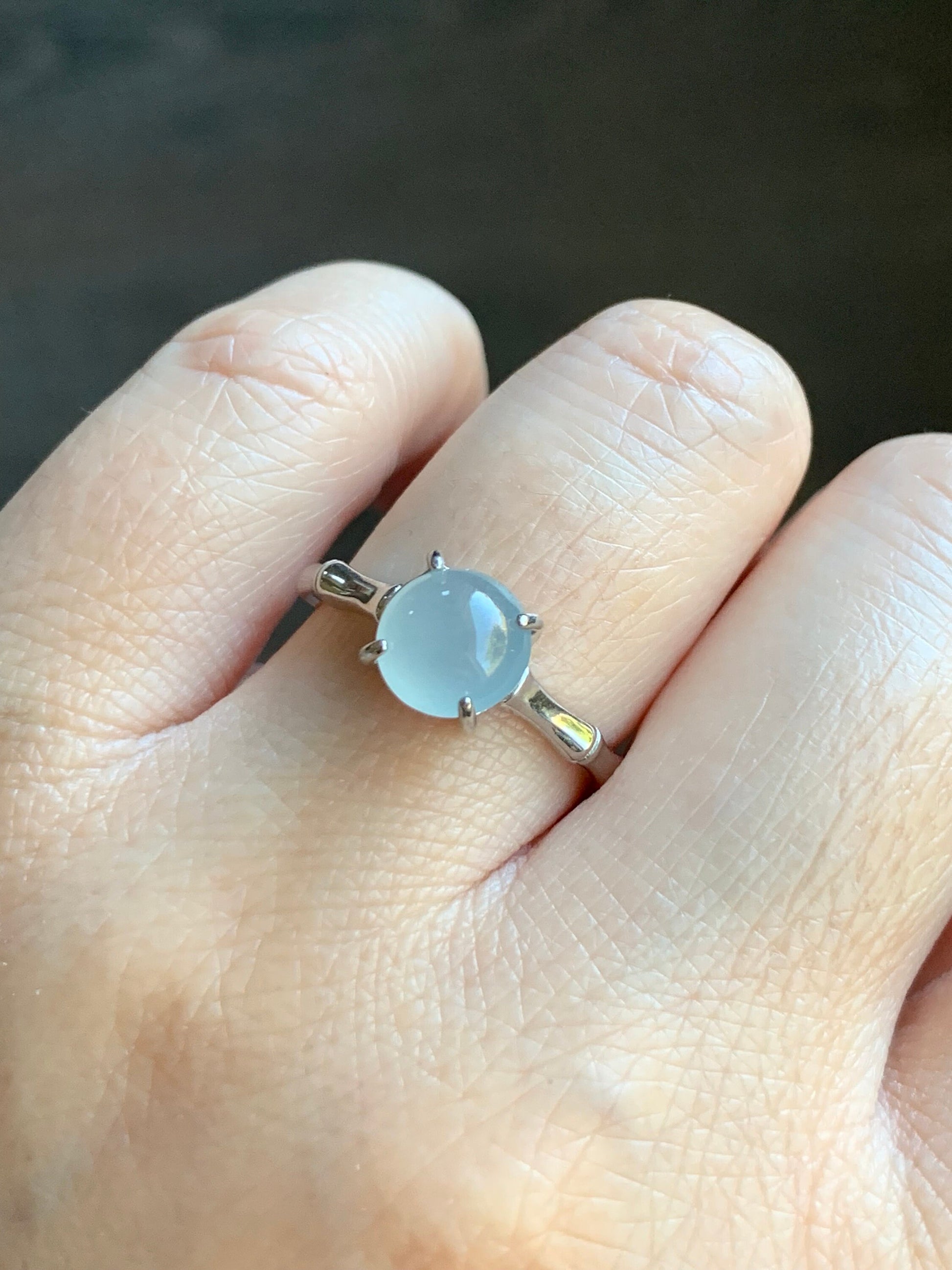 Natural Guatemalan Icy Translucent Pale Blue Jadeite Round Solitaire Bamboo Ring Sterling Silver Size 7 Adjustable 天然冰危淡蓝翡翠蛋面银镶戒指 WZJ70