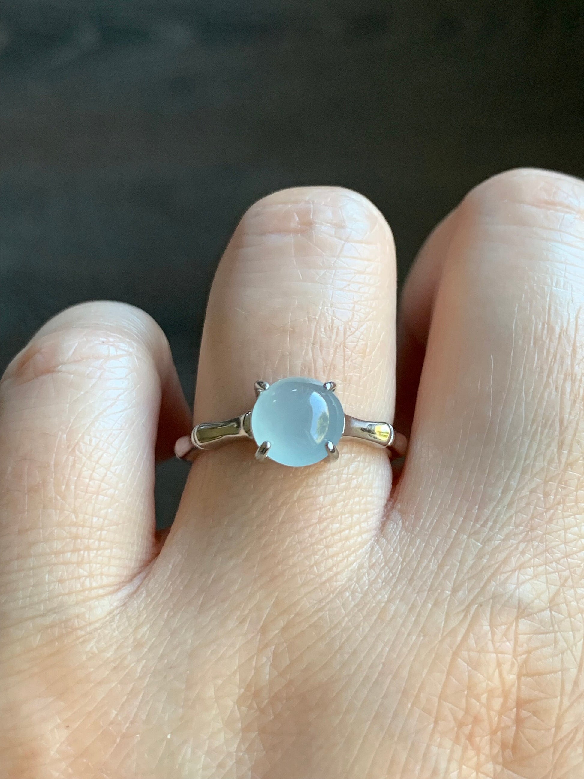 Natural Guatemalan Icy Translucent Pale Blue Jadeite Round Solitaire Bamboo Ring Sterling Silver Size 7 Adjustable 天然冰危淡蓝翡翠蛋面银镶戒指 WZJ70