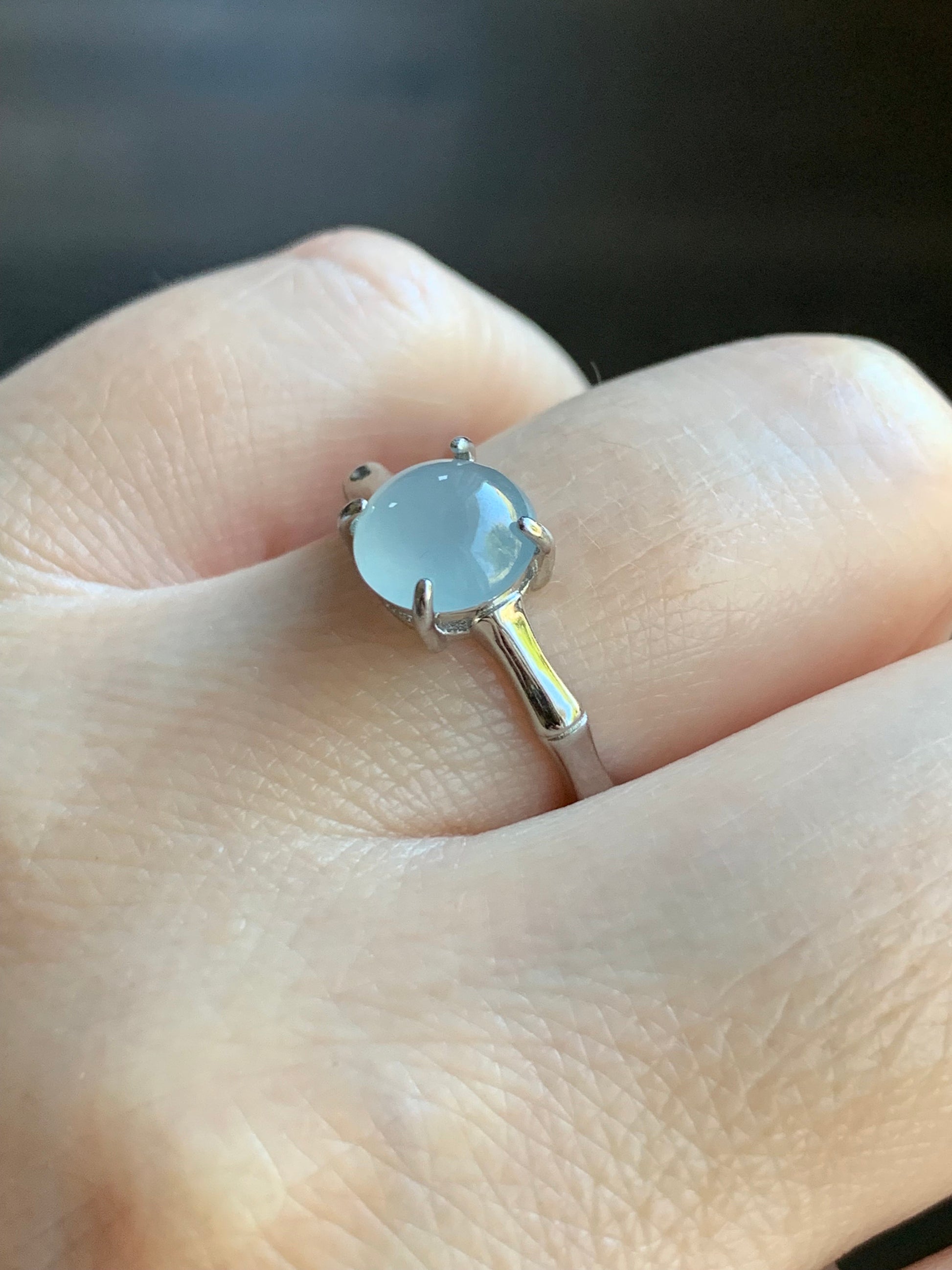 Natural Guatemalan Icy Translucent Pale Blue Jadeite Round Solitaire Bamboo Ring Sterling Silver Size 7 Adjustable 天然冰危淡蓝翡翠蛋面银镶戒指 WZJ70