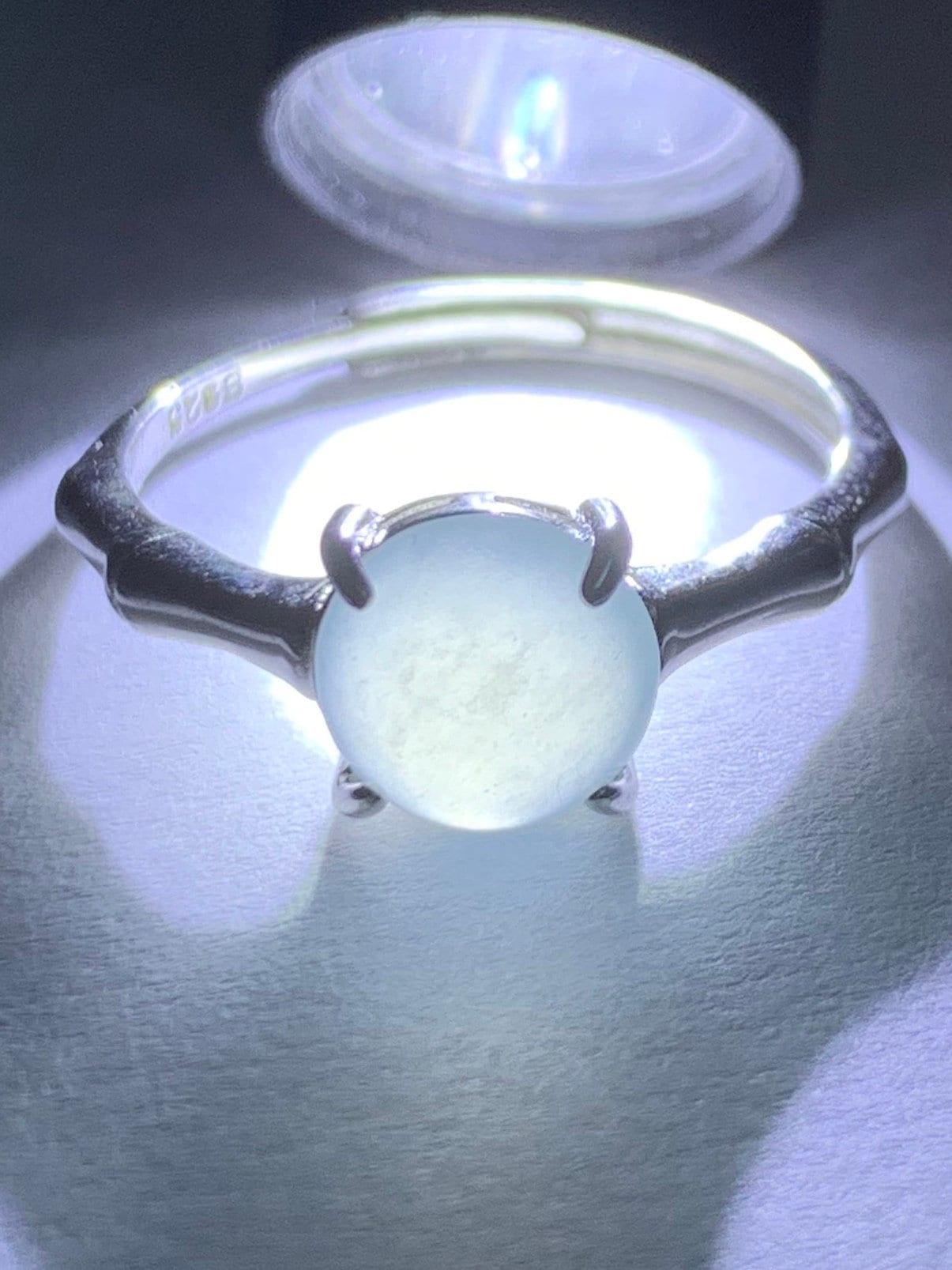 Natural Guatemalan Icy Translucent Pale Blue Jadeite Round Solitaire Bamboo Ring Sterling Silver Size 7 Adjustable 天然冰危淡蓝翡翠蛋面银镶戒指 WZJ70