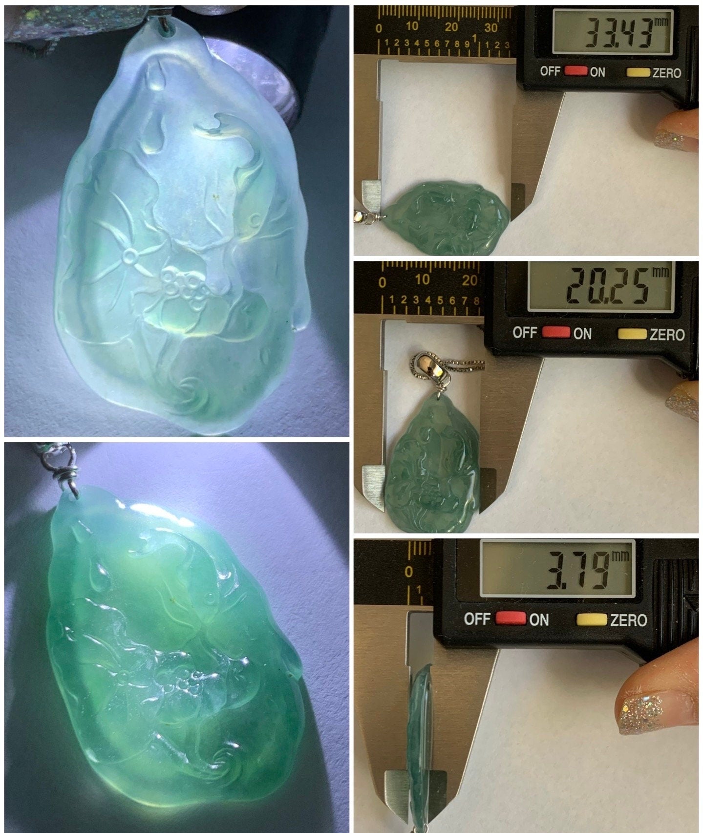 Natural Guatemalan Premium Icy Highly Translucent Light Teal Green Jadeite Lotus Flower & Fish Pendant Sterling Silver 天然高冰危晴色翡翠荷花鱼吊坠