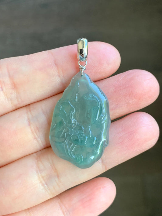 Natural Guatemalan Premium Icy Highly Translucent Light Teal Green Jadeite Lotus Flower & Fish Pendant Sterling Silver 天然高冰危晴色翡翠荷花鱼吊坠