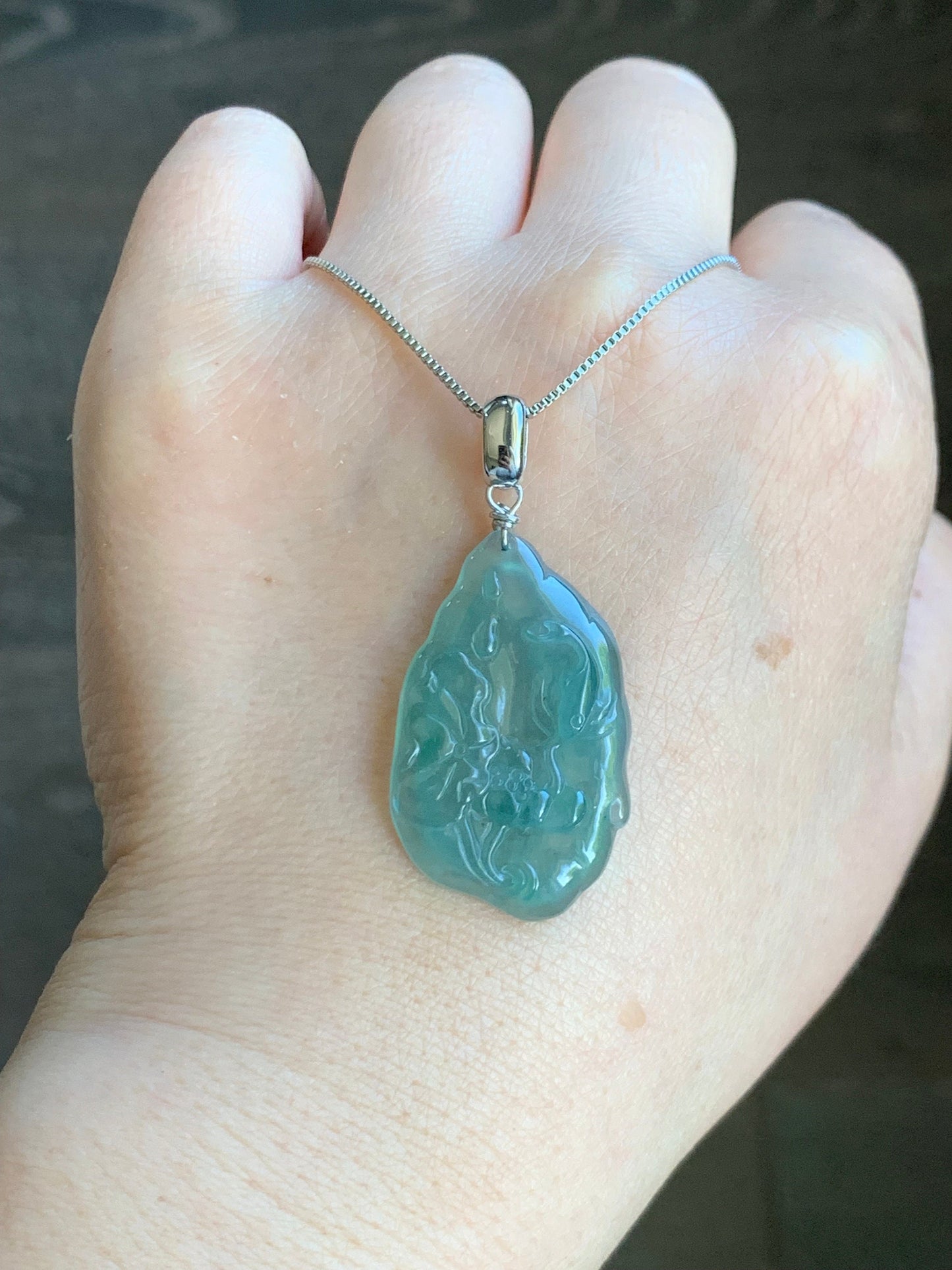 Natural Guatemalan Premium Icy Highly Translucent Light Teal Green Jadeite Lotus Flower & Fish Pendant Sterling Silver 天然高冰危晴色翡翠荷花鱼吊坠