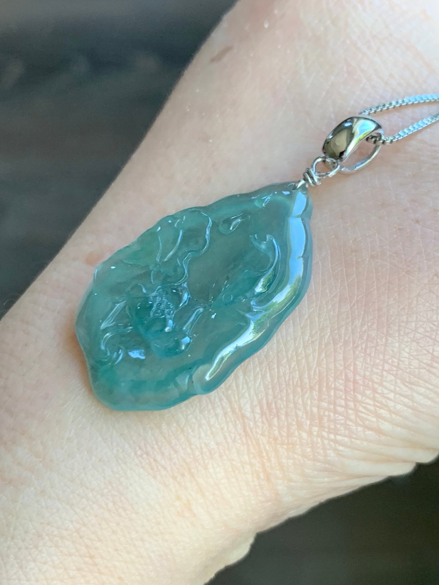 Natural Guatemalan Premium Icy Highly Translucent Light Teal Green Jadeite Lotus Flower & Fish Pendant Sterling Silver 天然高冰危晴色翡翠荷花鱼吊坠