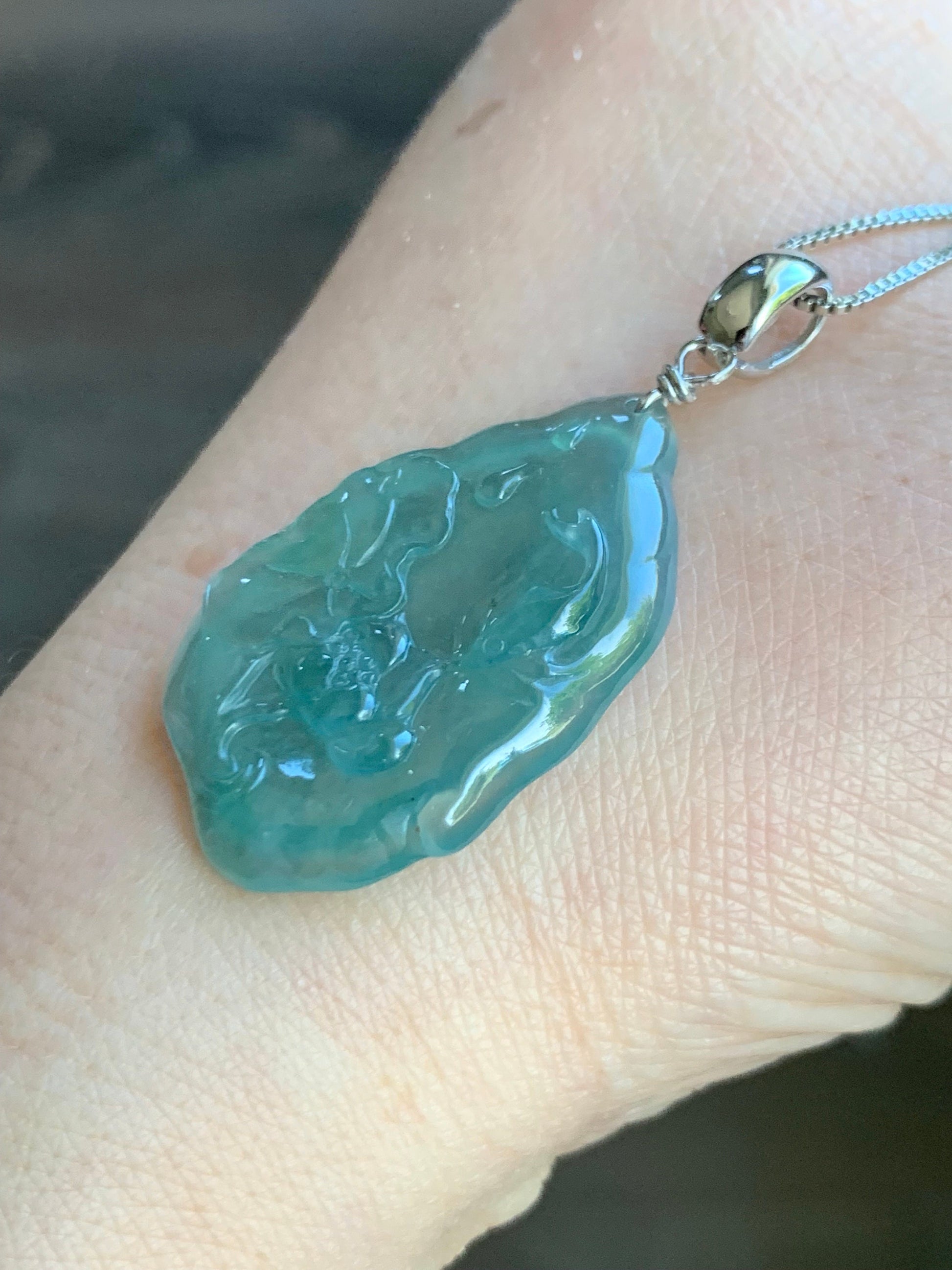 Natural Guatemalan Premium Icy Highly Translucent Light Teal Green Jadeite Lotus Flower & Fish Pendant Sterling Silver 天然高冰危晴色翡翠荷花鱼吊坠