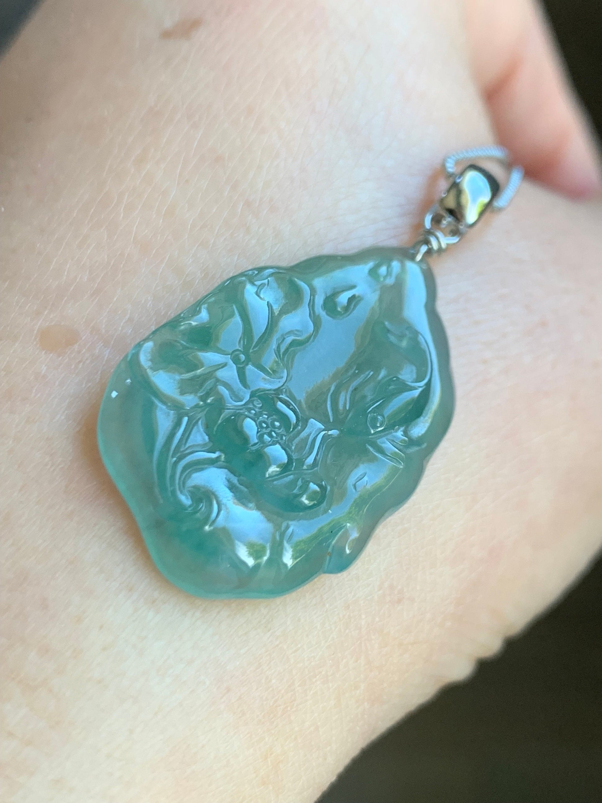 Natural Guatemalan Premium Icy Highly Translucent Light Teal Green Jadeite Lotus Flower & Fish Pendant Sterling Silver 天然高冰危晴色翡翠荷花鱼吊坠