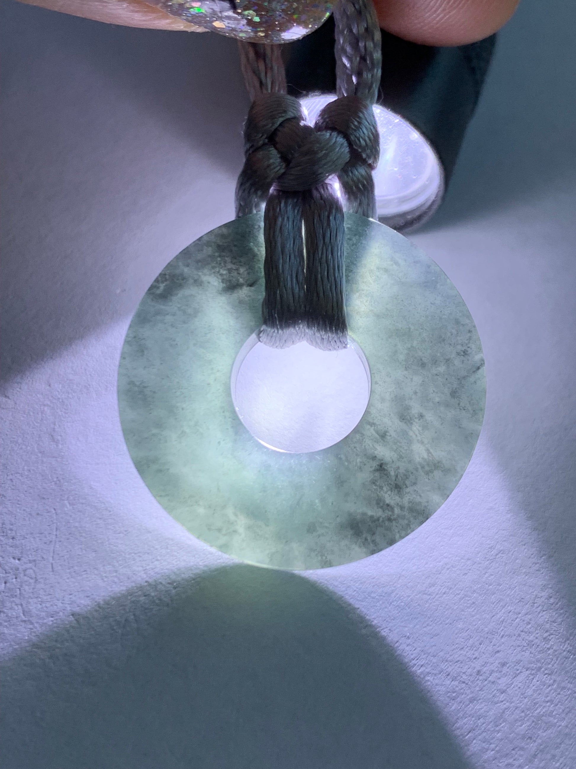 Natural Guatemalan Icy Translucent Gelatinous Wuji Jadeite Flat Ping An Kou Donut Pendant Rope Necklace Adjustable 26” 天然冰危胶乌鸡翡翠平扣吊坠