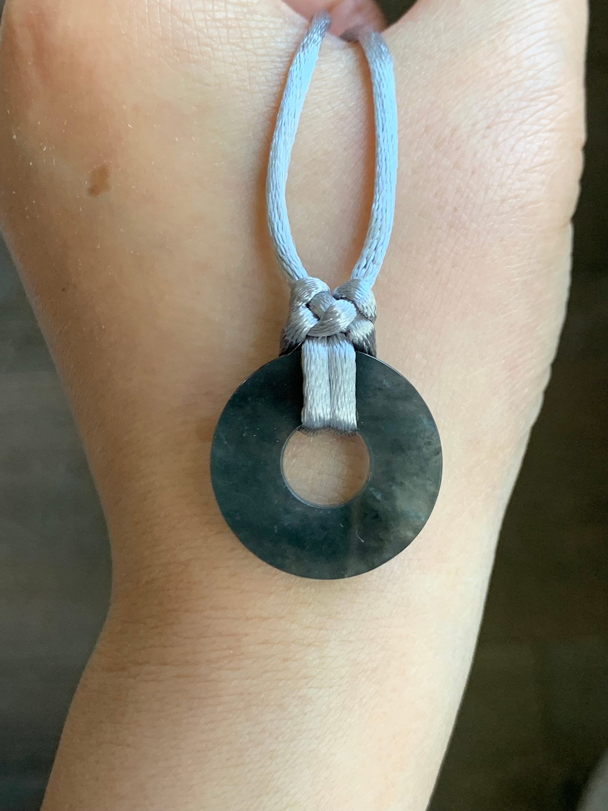 Natural Guatemalan Icy Translucent Gelatinous Wuji Jadeite Flat Ping An Kou Donut Pendant Rope Necklace Adjustable 26” 天然冰危胶乌鸡翡翠平扣吊坠
