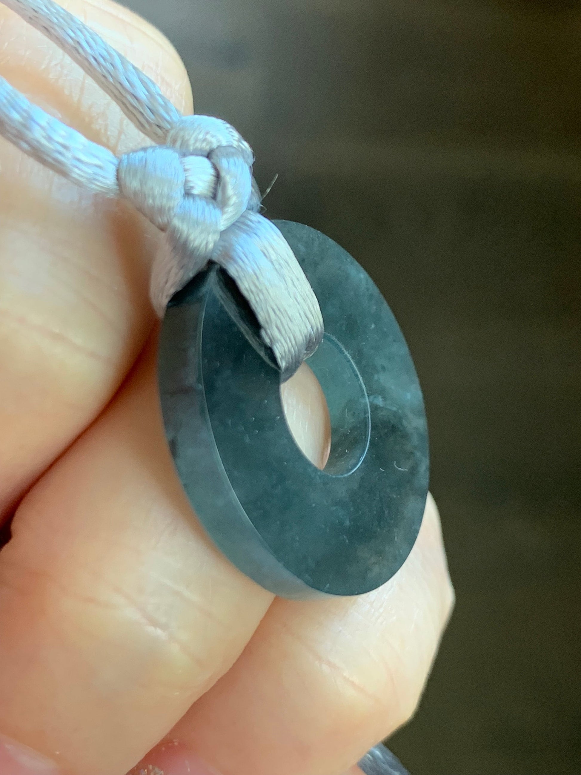 Natural Guatemalan Icy Translucent Gelatinous Wuji Jadeite Flat Ping An Kou Donut Pendant Rope Necklace Adjustable 26” 天然冰危胶乌鸡翡翠平扣吊坠