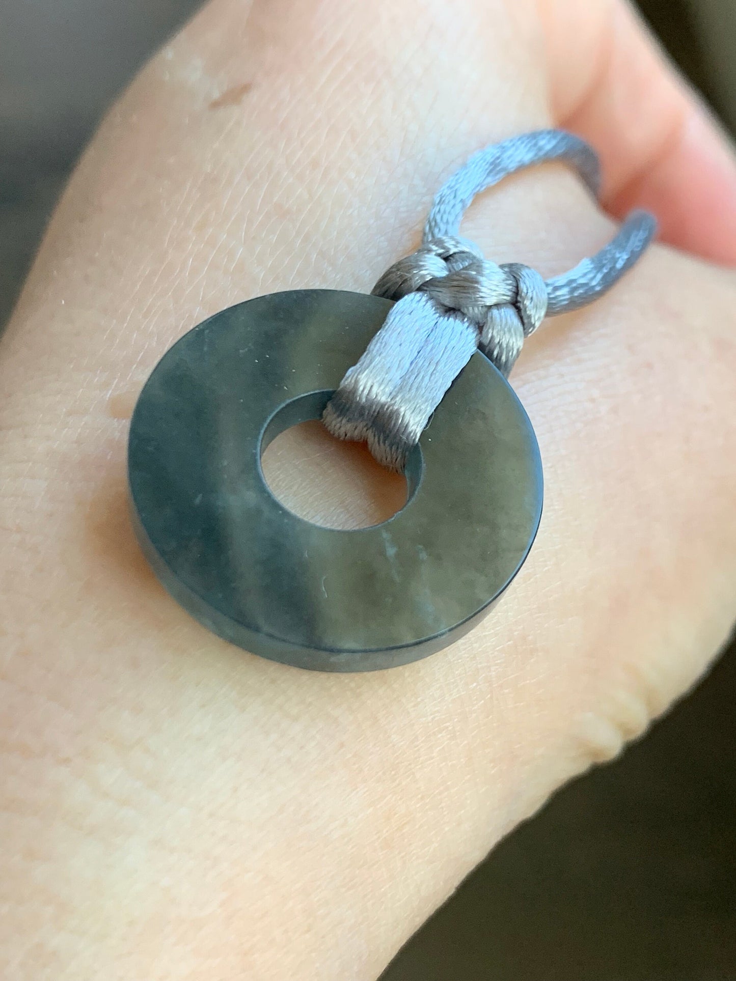 Natural Guatemalan Icy Translucent Gelatinous Wuji Jadeite Flat Ping An Kou Donut Pendant Rope Necklace Adjustable 26” 天然冰危胶乌鸡翡翠平扣吊坠