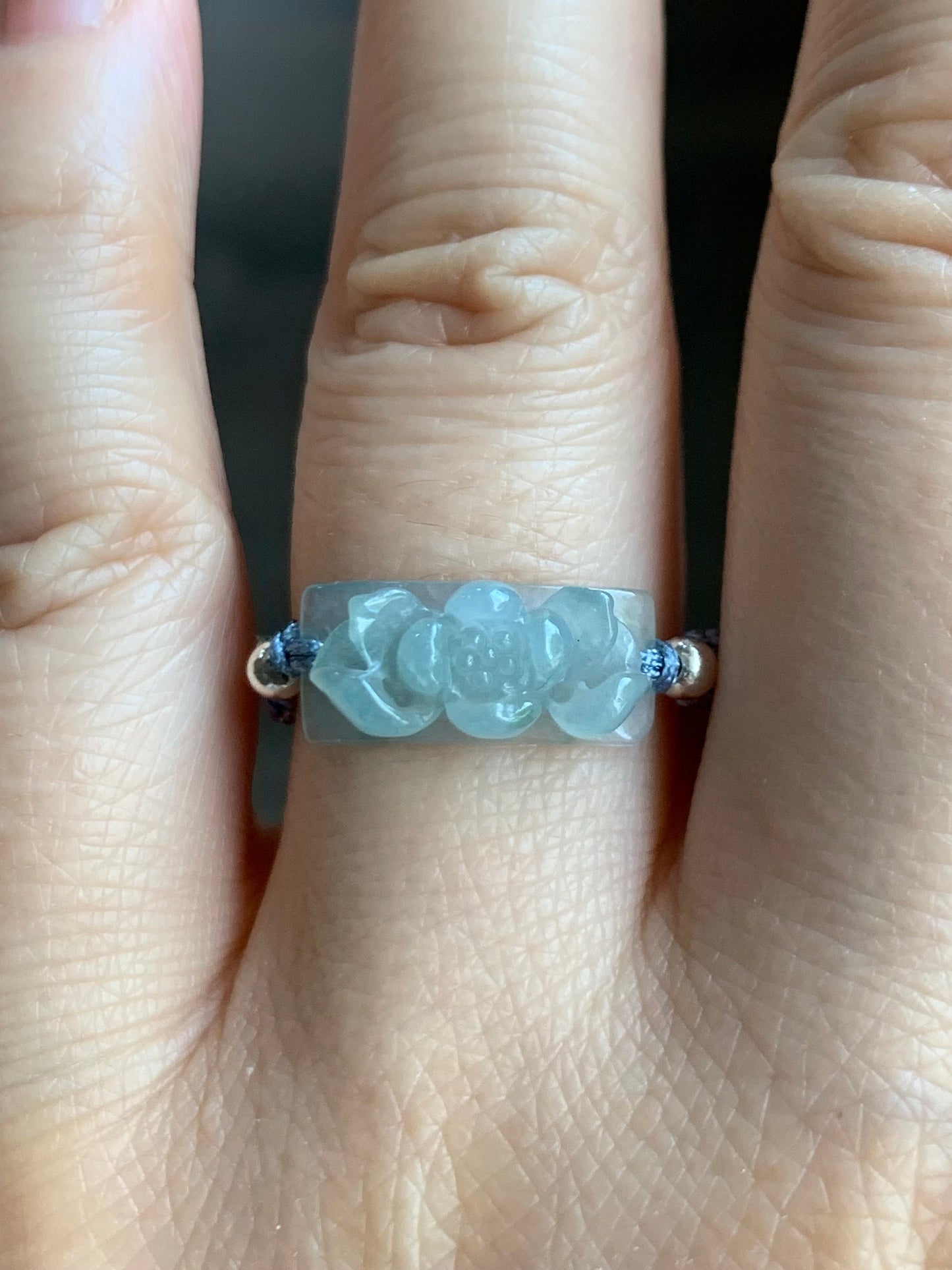 Natural Guatemalan Premium Icy Translucent Gelatinous Light Blue Jadeite Lotus Flower Rope Band Ring Sterling Silver Size 8.75 天然冰危淡蓝翡翠莲花绳戒